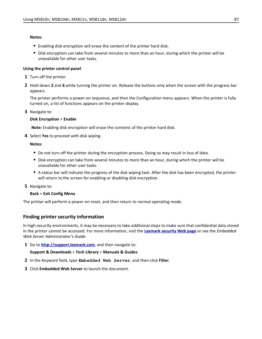 Lexmark MS810DN, 40G0350, 40G0110, 40G0150, 40G0440, 40G0410 manual Finding printer security information, Disk Encryption Enable 