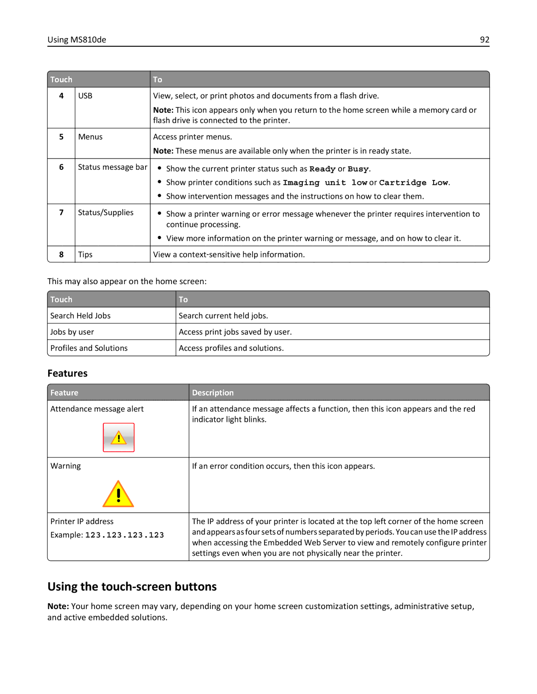 Lexmark 40G0110 Using the touch-screen buttons, Features, This may also appear on the home screen, Feature Description 