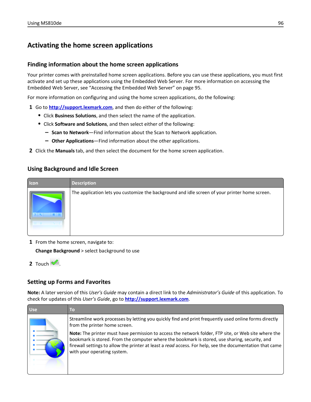 Lexmark 40G0210, 40G0350 Activating the home screen applications, Finding information about the home screen applications 