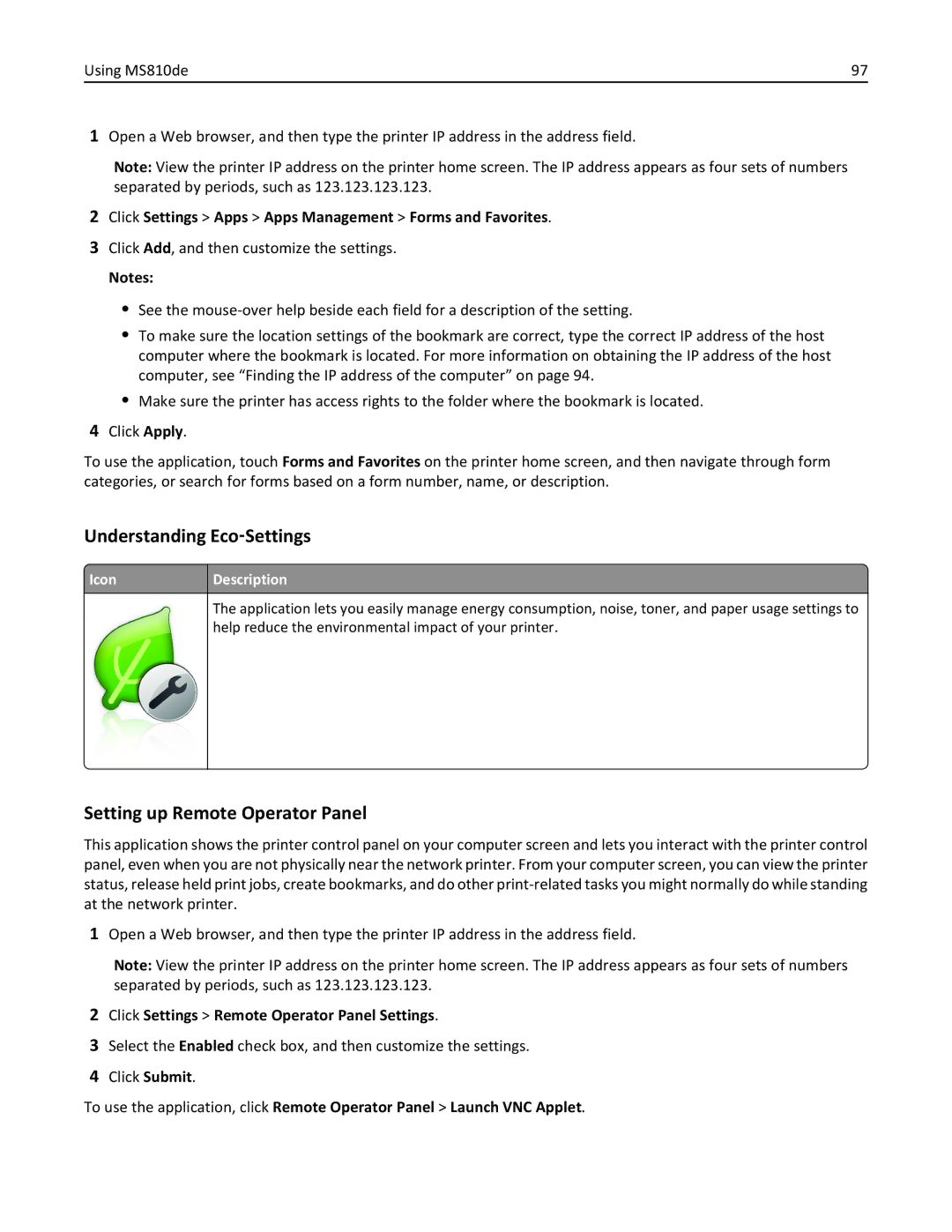 Lexmark MS810DE, 40G0350, 40G0110, 40G0150, 40G0440, 40G0410 manual Understanding Eco‑Settings, Setting up Remote Operator Panel 