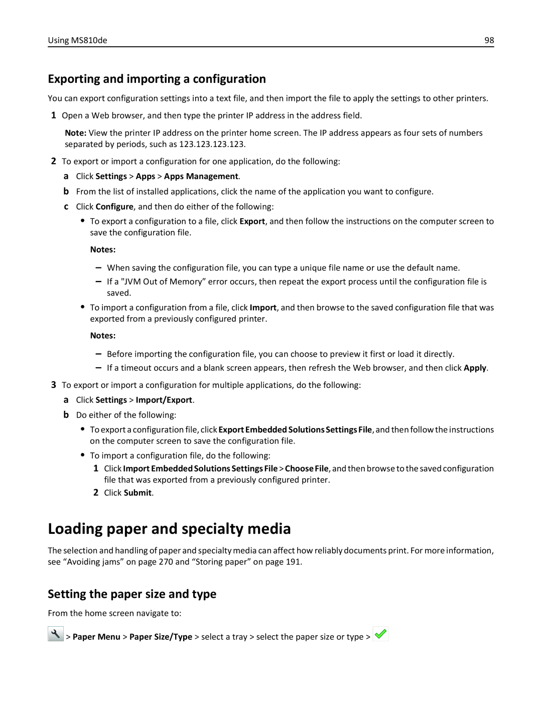 Lexmark MS811DTN, 40G0350, 40G0110, 40G0150, 40G0440 Exporting and importing a configuration, Click Settings Import/Export 