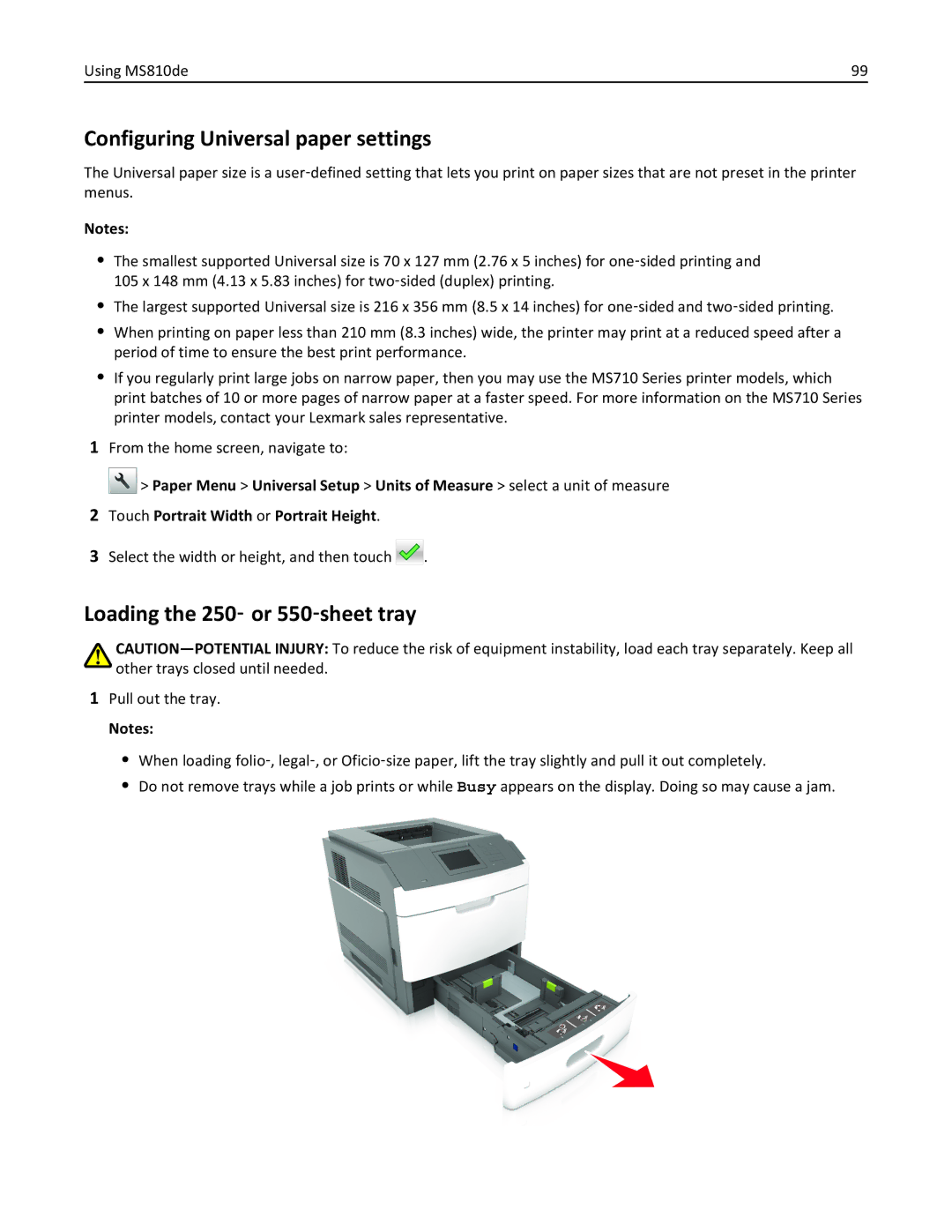 Lexmark MS811DN, 40G0350, 40G0110, 40G0150 Configuring Universal paper settings, Select the width or height, and then touch 