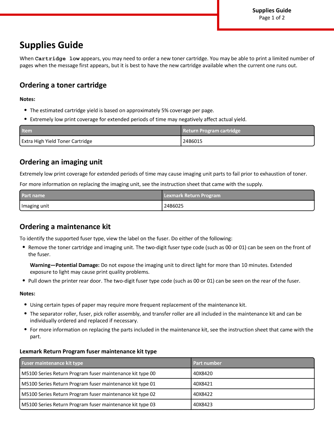 Lexmark 40X8422, 40X8421, 40X8423 instruction sheet Supplies Guide, Ordering a toner cartridge, Ordering an imaging unit 