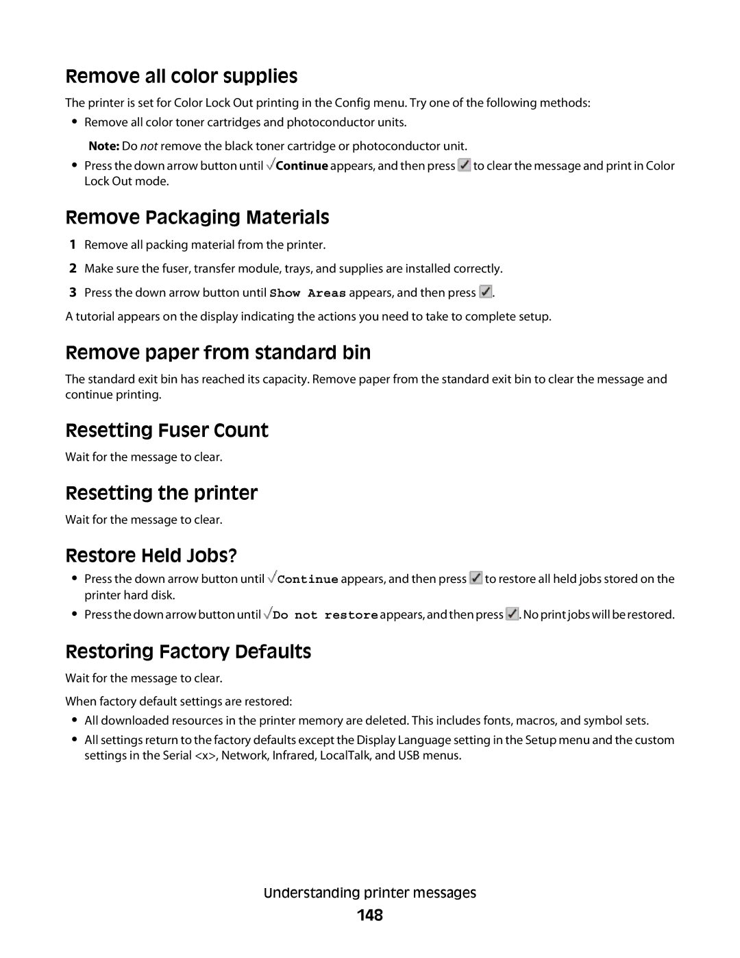 Lexmark n01 Remove all color supplies, Remove Packaging Materials, Remove paper from standard bin, Resetting Fuser Count 