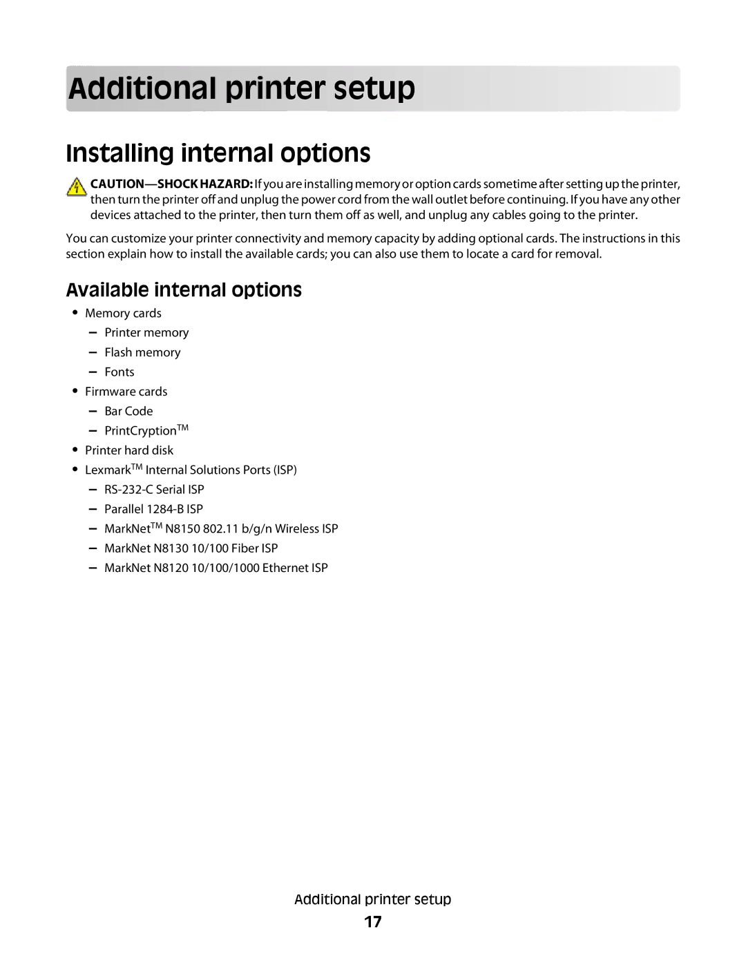 Lexmark n02, 410, 5026, 4977, 480, 4976, 280 Additional printer setup, Installing internal options, Available internal options 