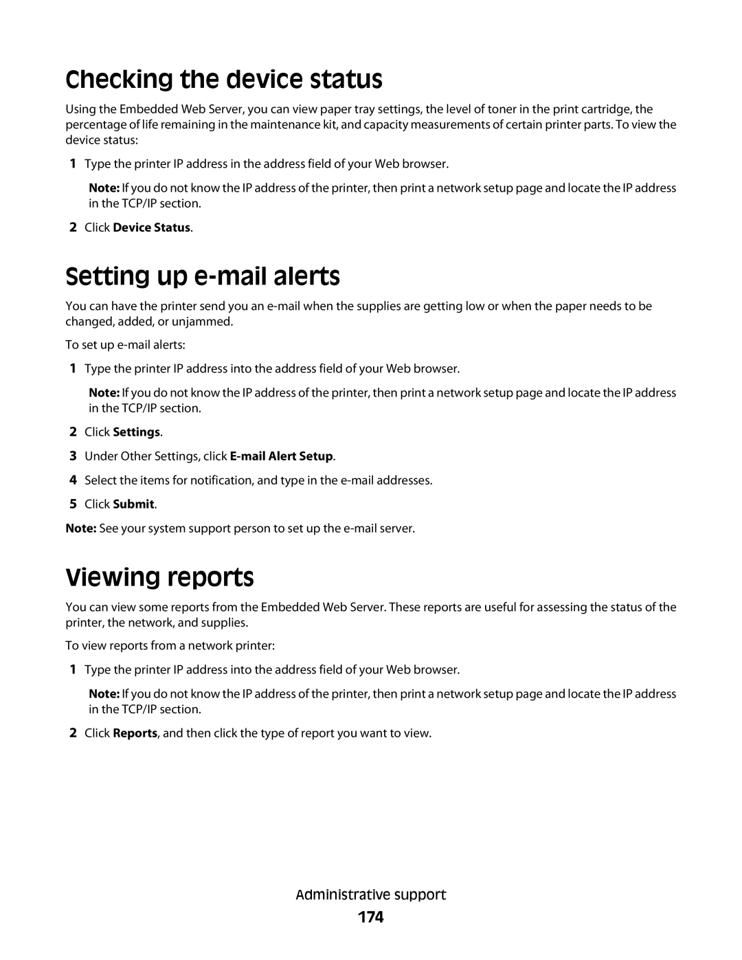 Lexmark 480, 410, 5026, 4977, 4976, 280, C736 Series Checking the device status, Setting up e-mail alerts, Viewing reports, 174 