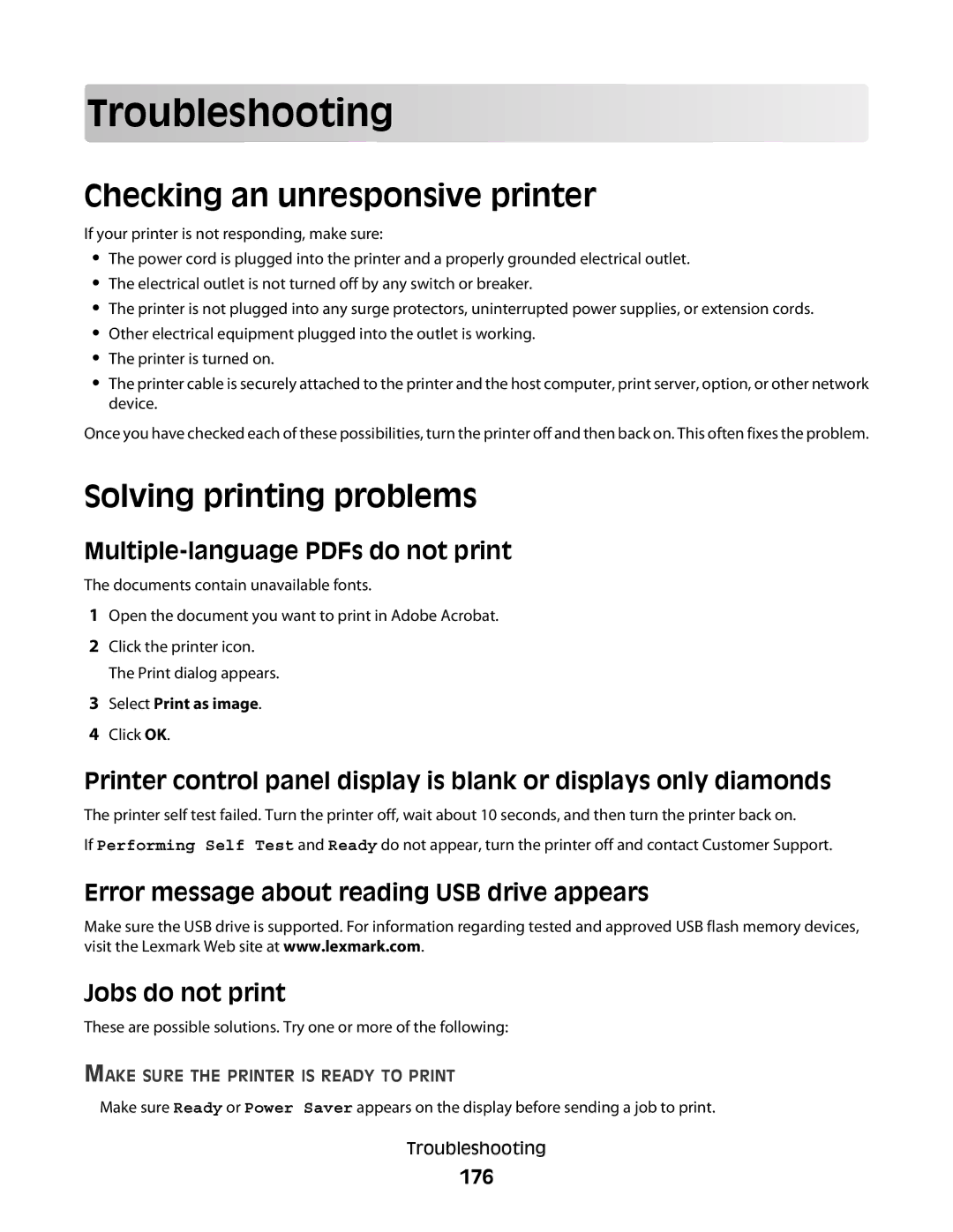 Lexmark 280, 410, 5026, 4977, 480, 4976, C734 Troubleshooting, Checking an unresponsive printer, Solving printing problems, 176 