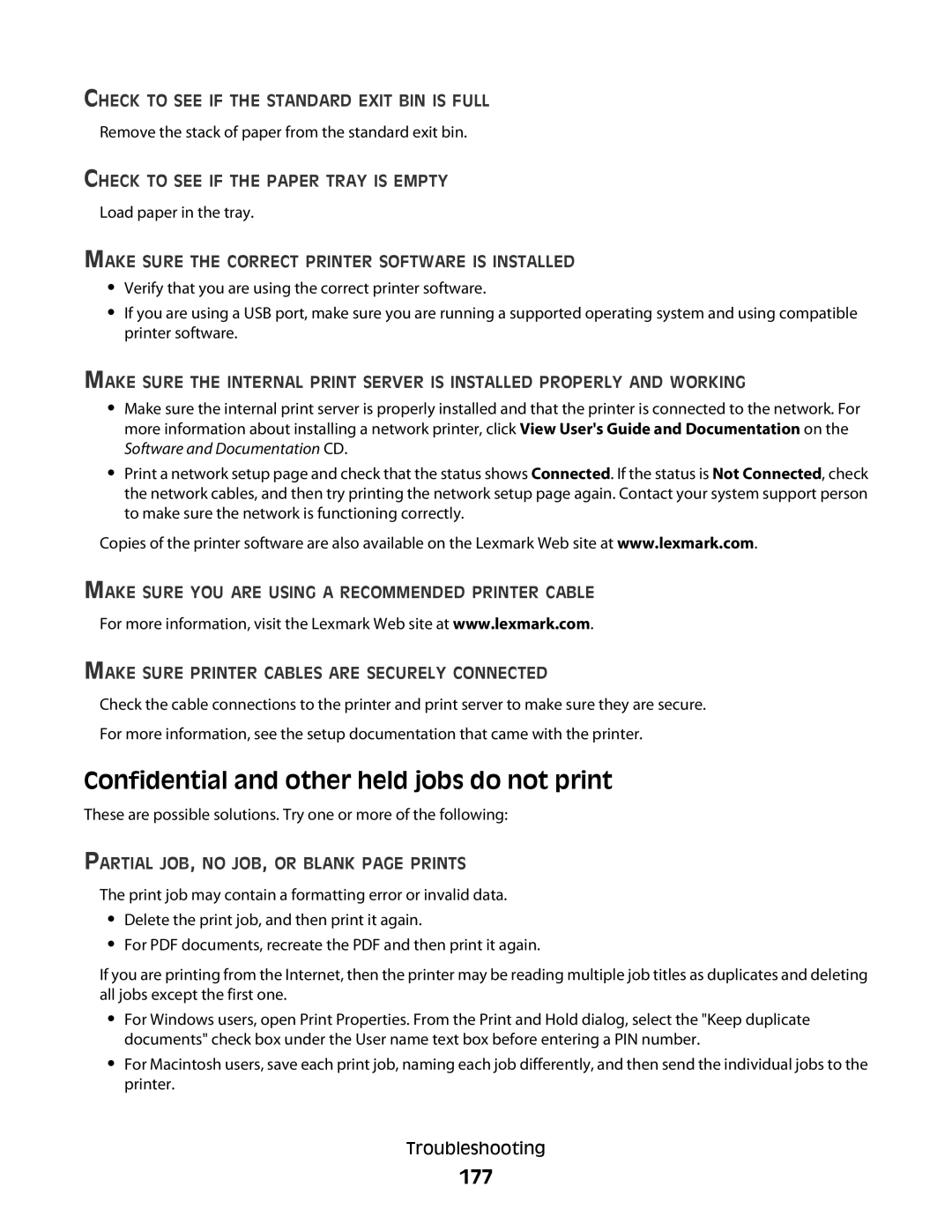 Lexmark C736 Series, 410, 5026, 4977, 480, 4976, 280, C734, dn3, dw2, dw1, gn2 Confidential and other held jobs do not print, 177 