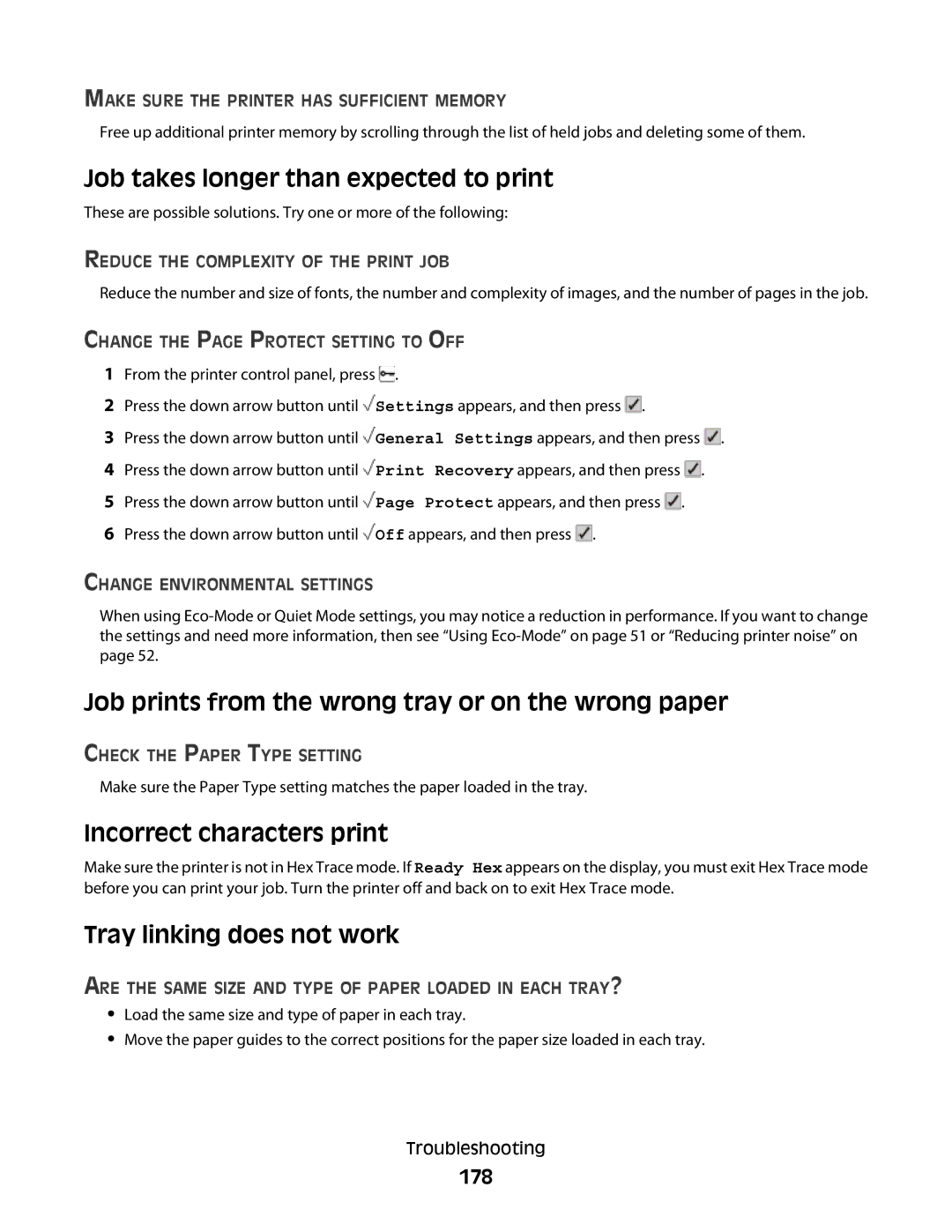 Lexmark C734, 410, 5026 Job takes longer than expected to print, Job prints from the wrong tray or on the wrong paper, 178 