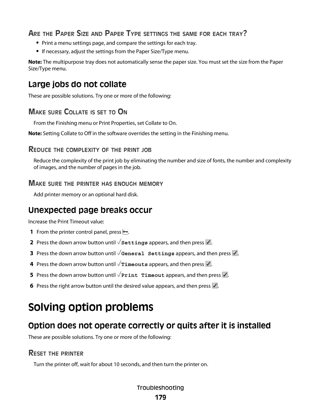 Lexmark dn3, 410, 5026, 4977, 480, 4976 Solving option problems, Large jobs do not collate, Unexpected page breaks occur, 179 