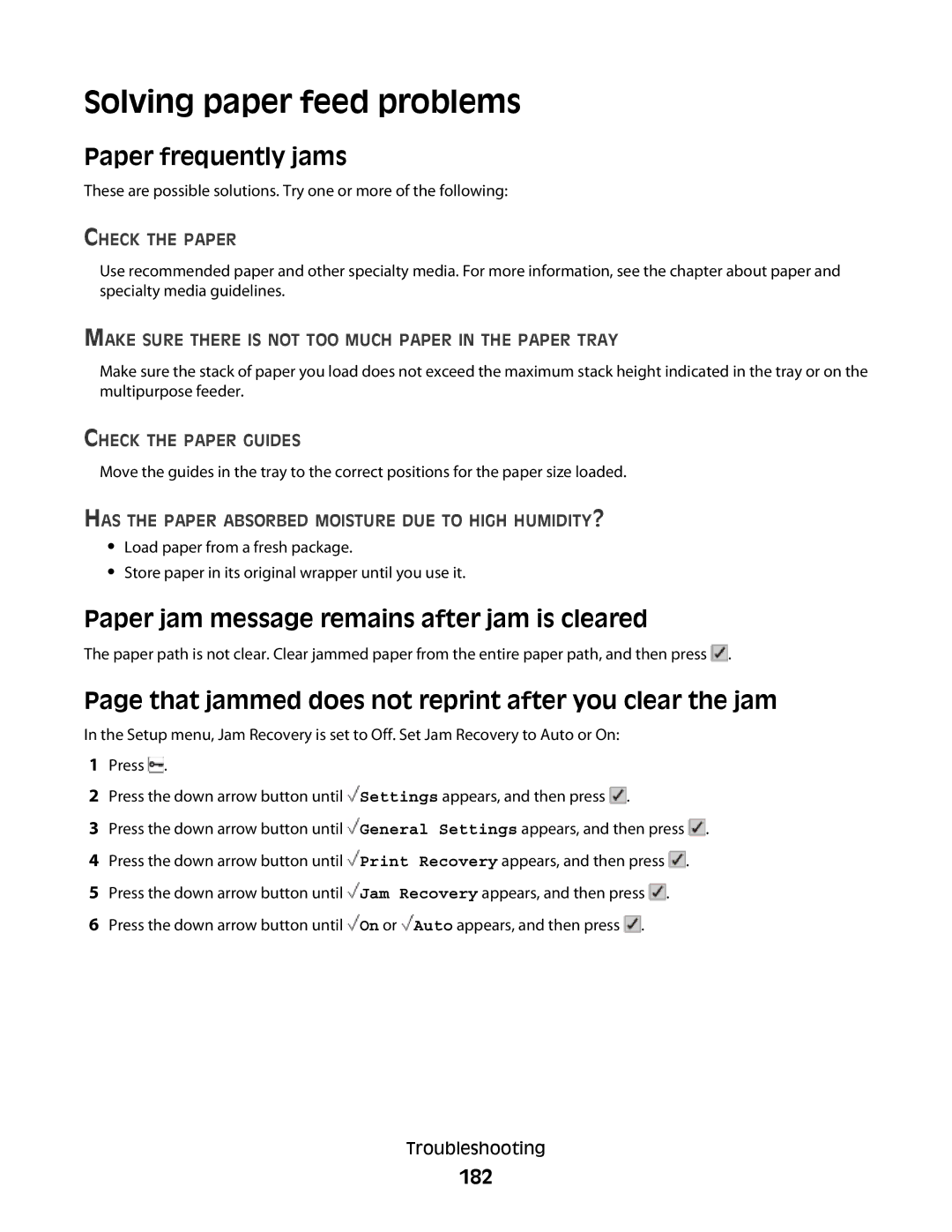 Lexmark gn2, 410 Solving paper feed problems, Paper frequently jams, Paper jam message remains after jam is cleared, 182 