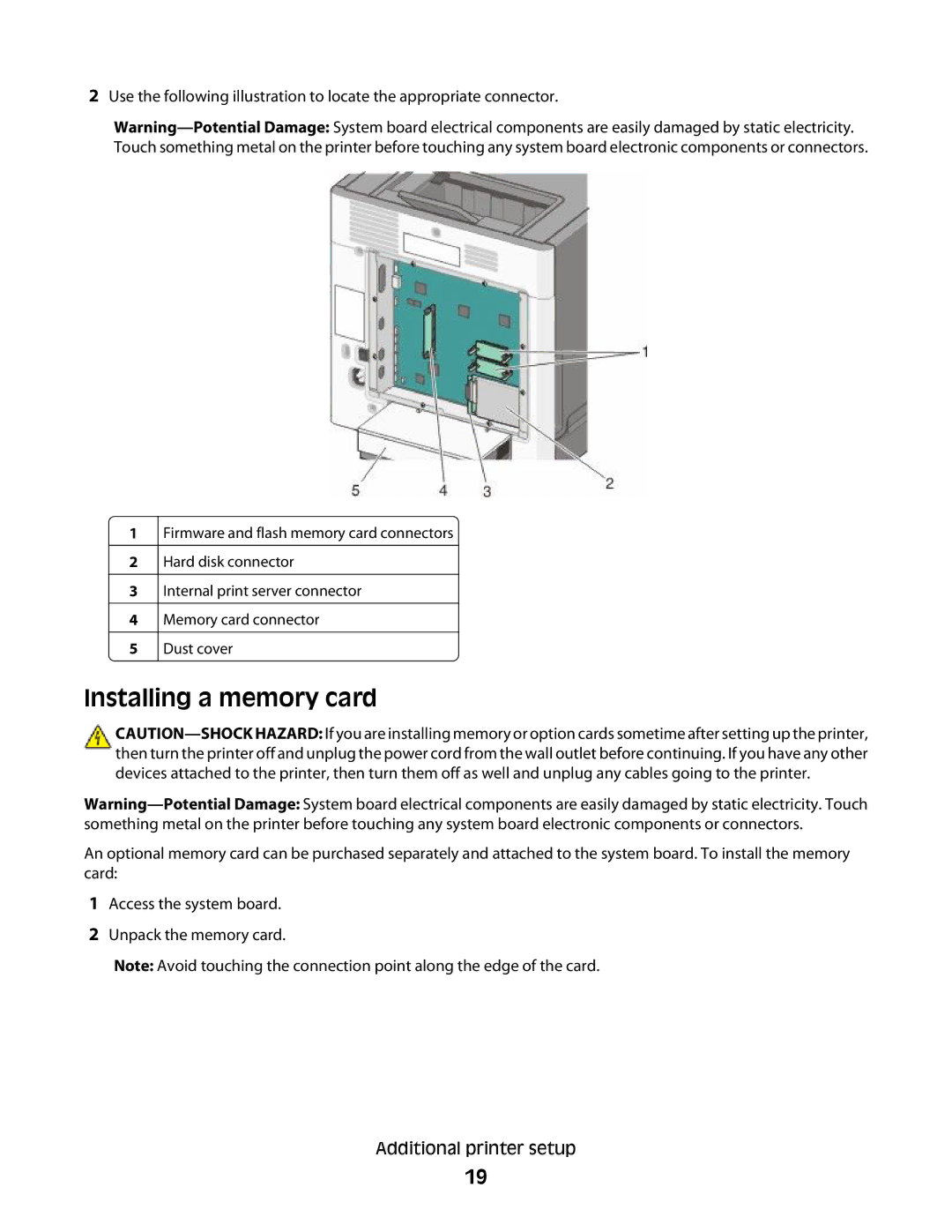 Lexmark 410, 5026, 4977, 480, 4976, 280, C736 Series, C734, dn3, dw2, dw1, gn2, gn1, gw1, gw2, n01, n03, n02, 210 Installing a memory card 