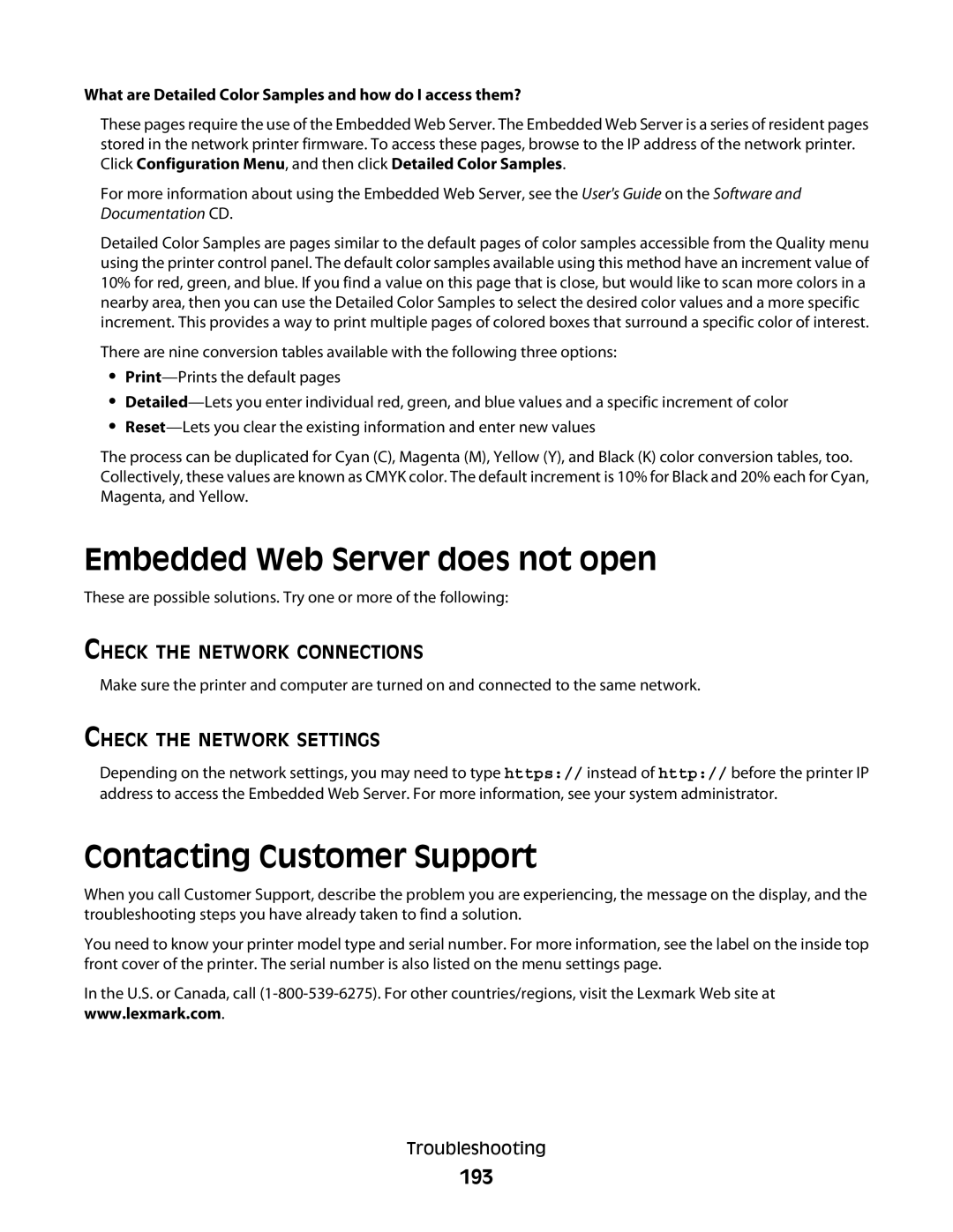 Lexmark 480, 410, 5026, 4977, 4976, 280, C736 Series, C734 Embedded Web Server does not open, Contacting Customer Support, 193 