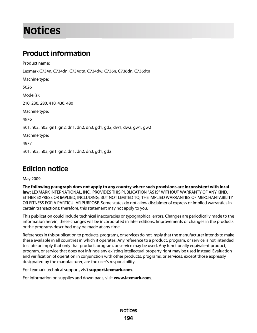 Lexmark 4976, 410, 5026, 4977, 480, 280, C736 Series, C734, dn3, dw2, dw1, gn2, gn1, gw1, gw2 Product information, Edition notice, 194 