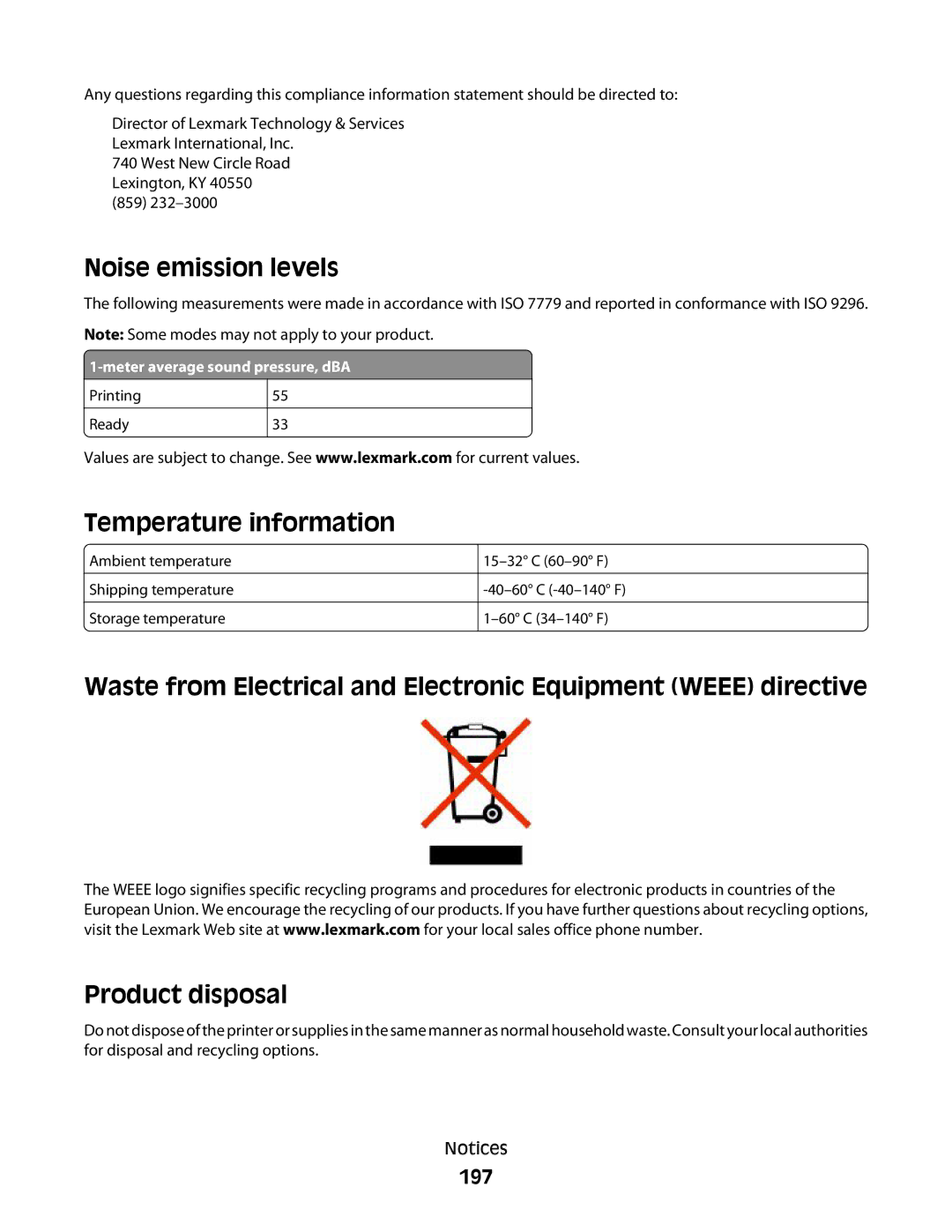 Lexmark C734, 410, 5026, 4977, 480, 4976, 280, C736 Series, dn3, dw2, dw1, gn2 Noise emission levels, Temperature information, 197 