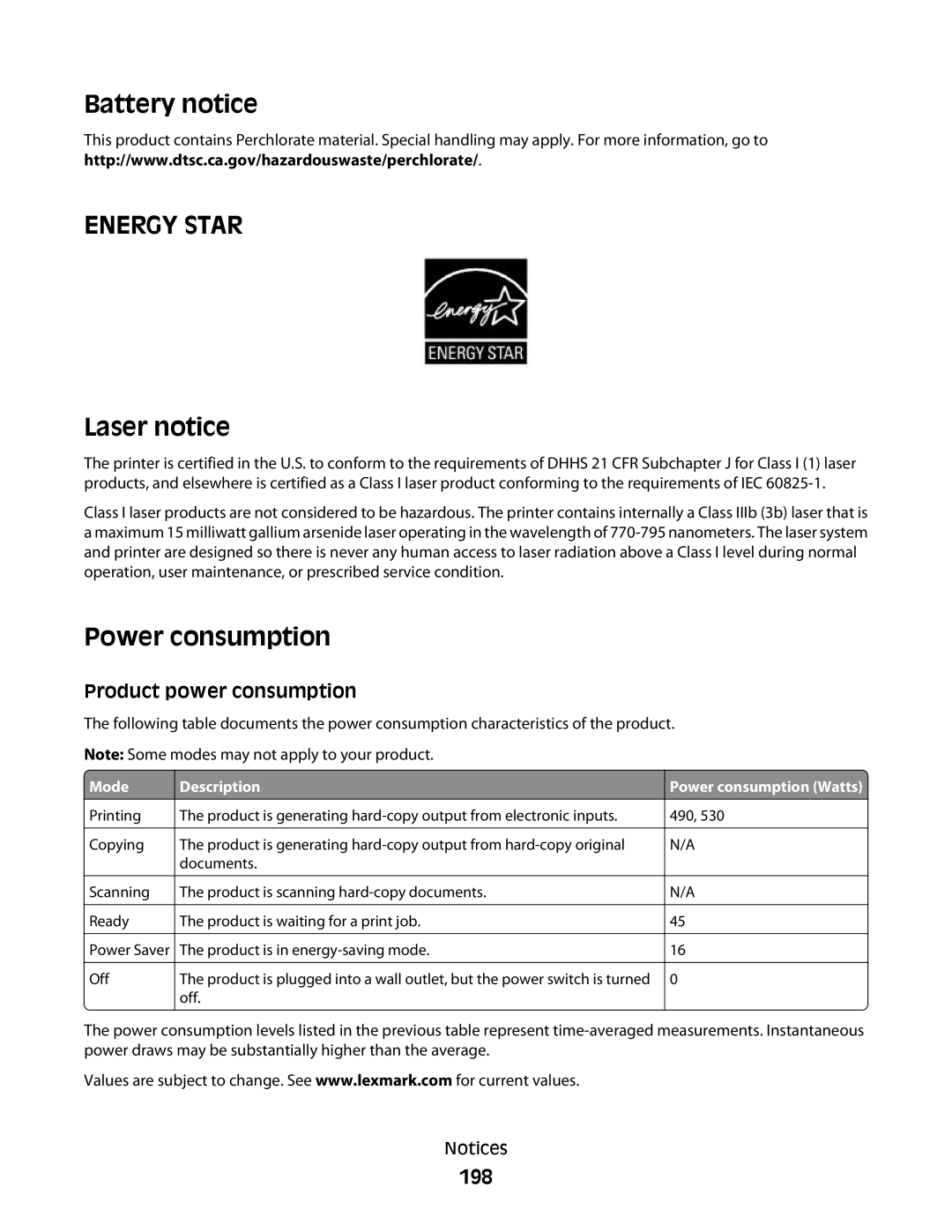 Lexmark dn3, 410, 5026, 4977, 480, 4976, 280, C736 Series, C734, dw2, dw1, gn2 Battery notice, Laser notice, Power consumption, 198 