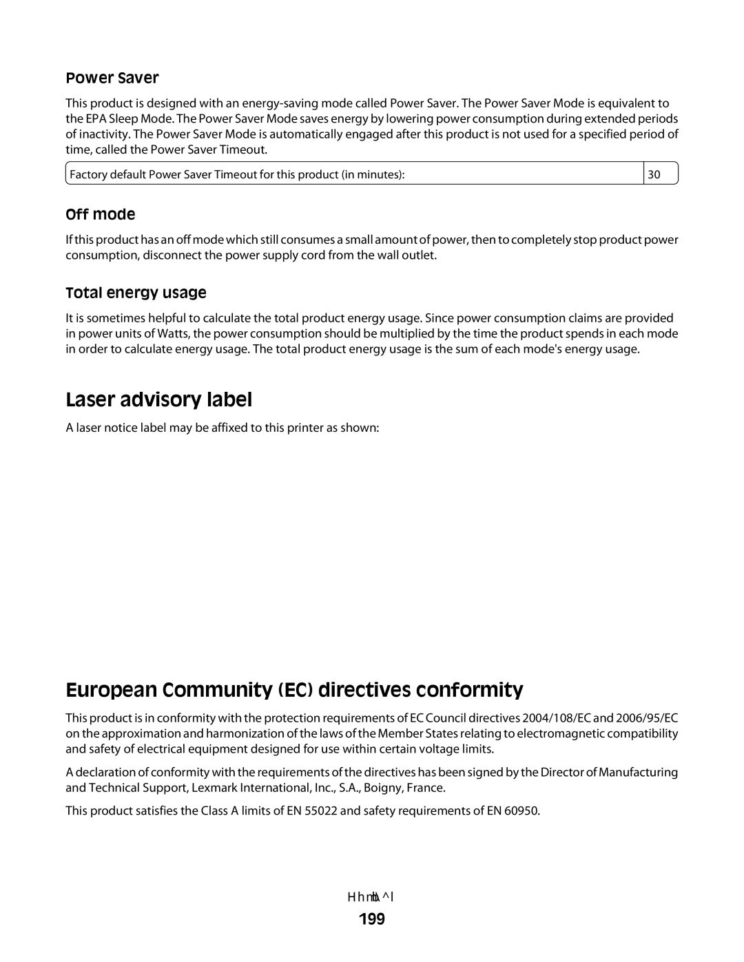 Lexmark dw2, 410, 5026, 4977, 480, 4976, 280, C736 Series Laser advisory label, European Community EC directives conformity, 199 