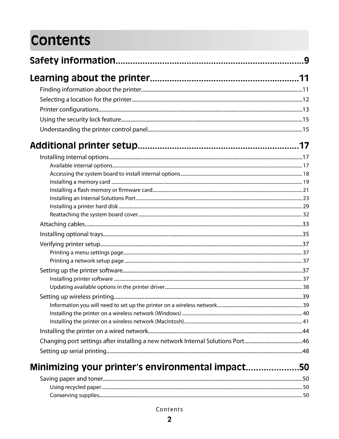 Lexmark 4977, 410, 5026, 480, 4976, 280, C736 Series, C734, dn3, dw2, dw1, gn2, gn1, gw1, gw2, n01, n03, n02, 210 manual Contents 