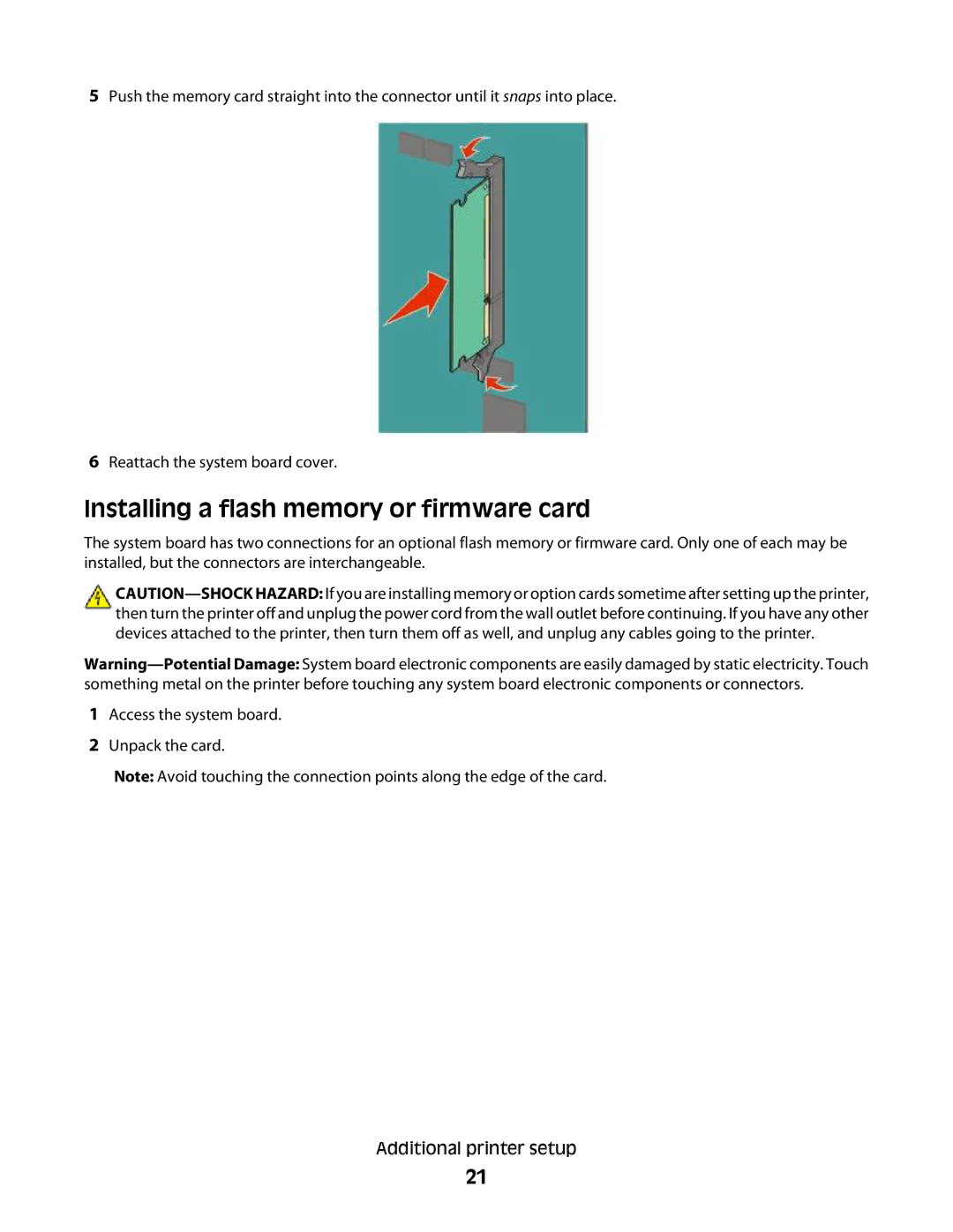 Lexmark 4977, 410, 5026, 480, 4976, 280, C736 Series, C734, dn3, dw2, dw1, gn2, gn1, gw1 Installing a flash memory or firmware card 