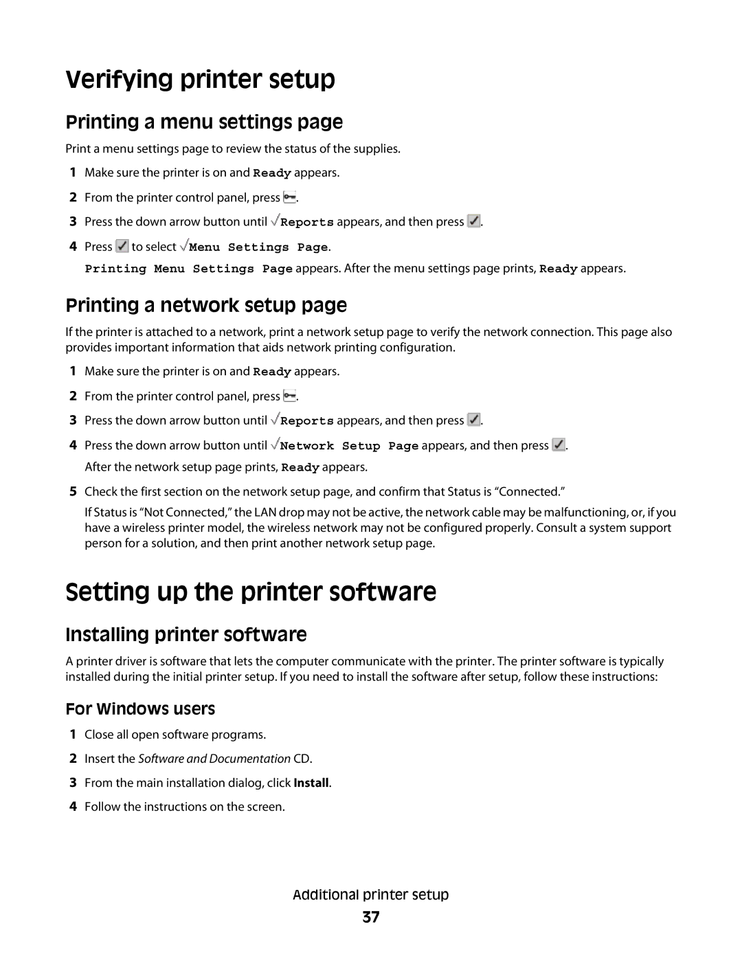 Lexmark 210 Verifying printer setup, Setting up the printer software, Printing a menu settings, Printing a network setup 