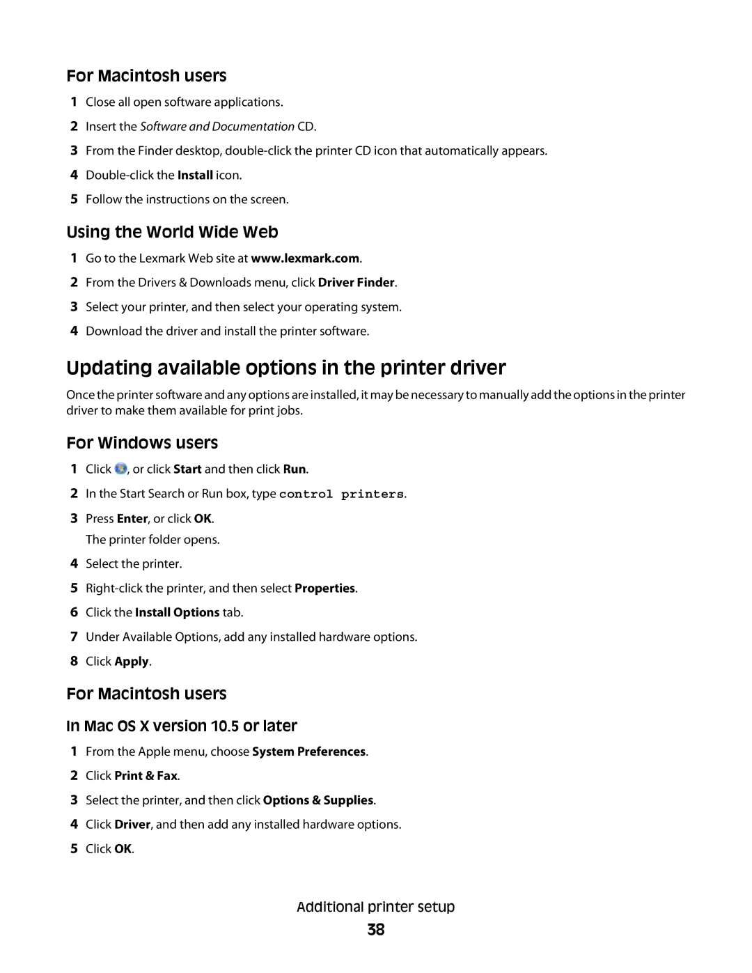 Lexmark 410, 5026, 4977, 480 Updating available options in the printer driver, For Macintosh users, Using the World Wide Web 