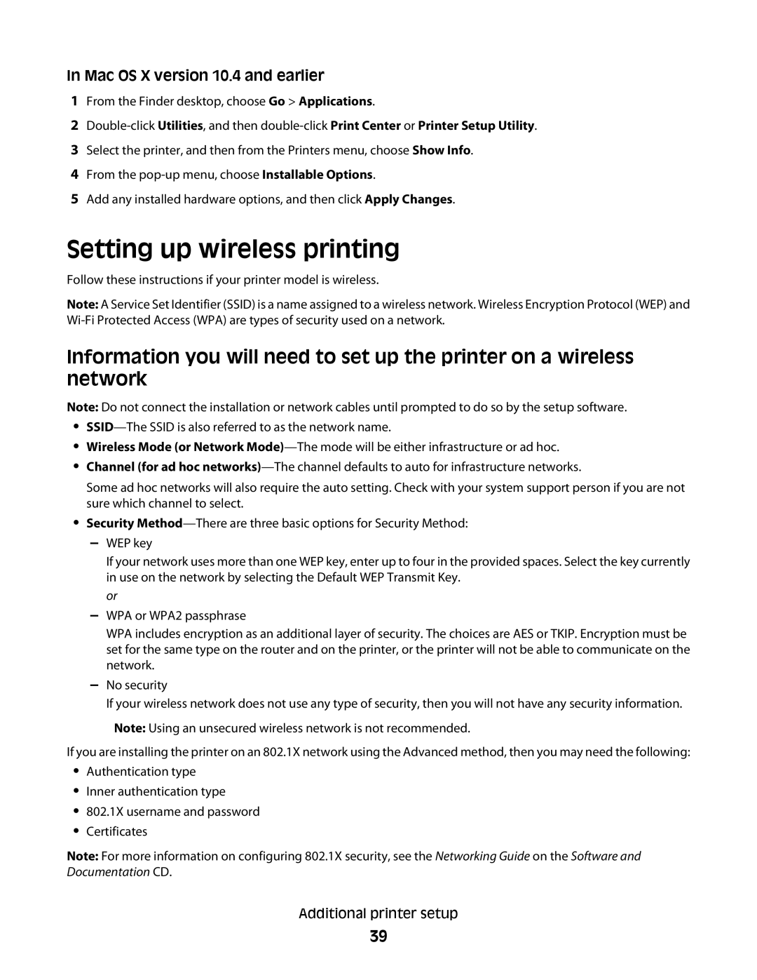 Lexmark 5026, 410, 4977, 480, 4976, 280, C736 Series, C734, dn3 Setting up wireless printing, Mac OS X version 10.4 and earlier 