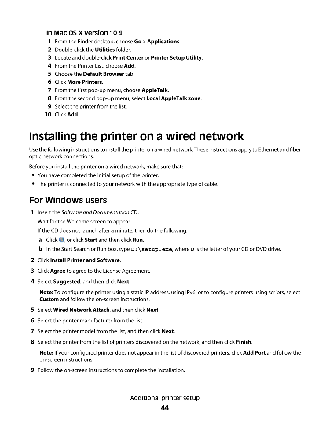 Lexmark C736 Series, 410, 5026, 4977, 480, 4976, 280, C734, dn3, dw2 Installing the printer on a wired network, For Windows users 