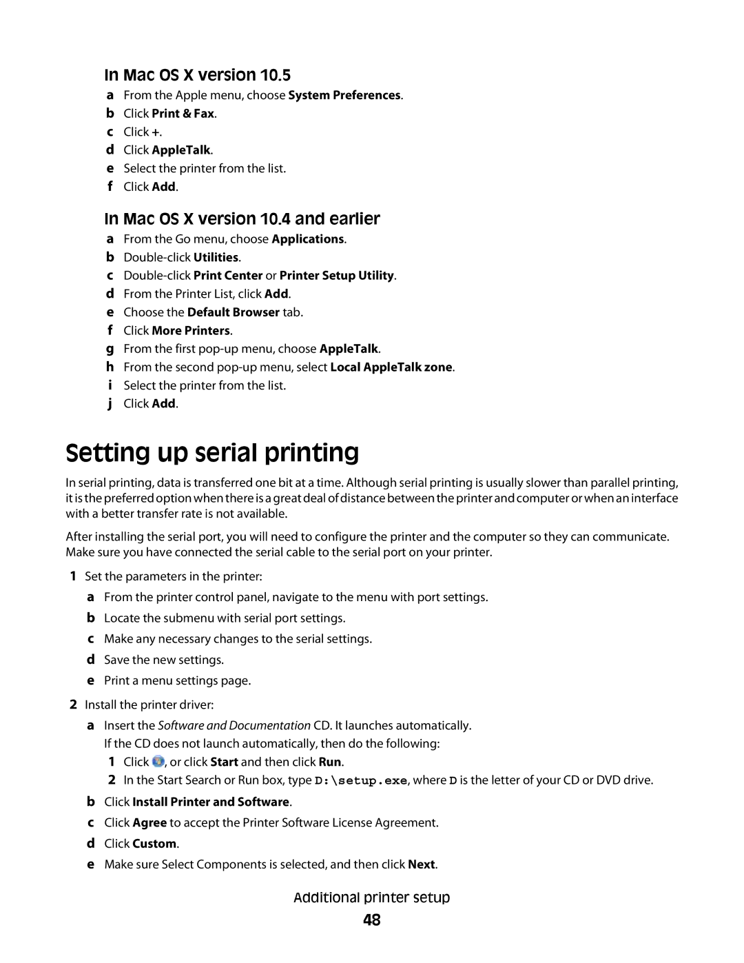 Lexmark dw1, 410, 5026, 4977, 480, 4976, 280, C736 Series, C734, dn3, dw2, gn2, gn1, gw1 Setting up serial printing, Mac OS X version 