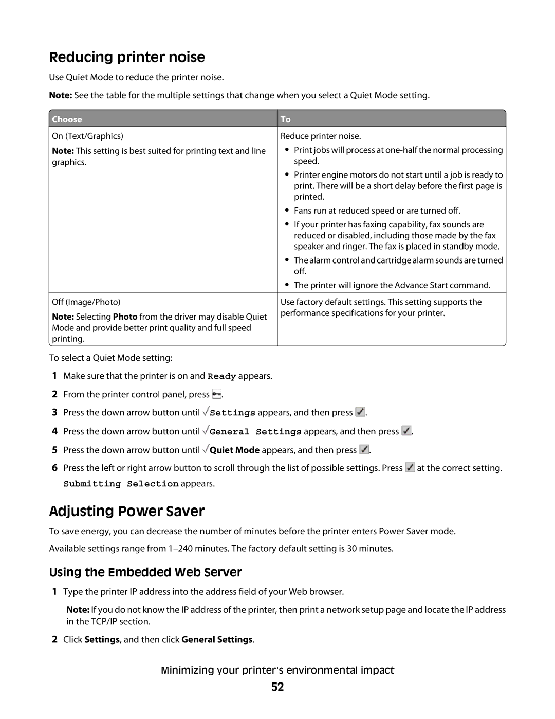 Lexmark gw2, 410, 5026, 4977, 480, 4976, 280, C734 Reducing printer noise, Adjusting Power Saver, Using the Embedded Web Server 