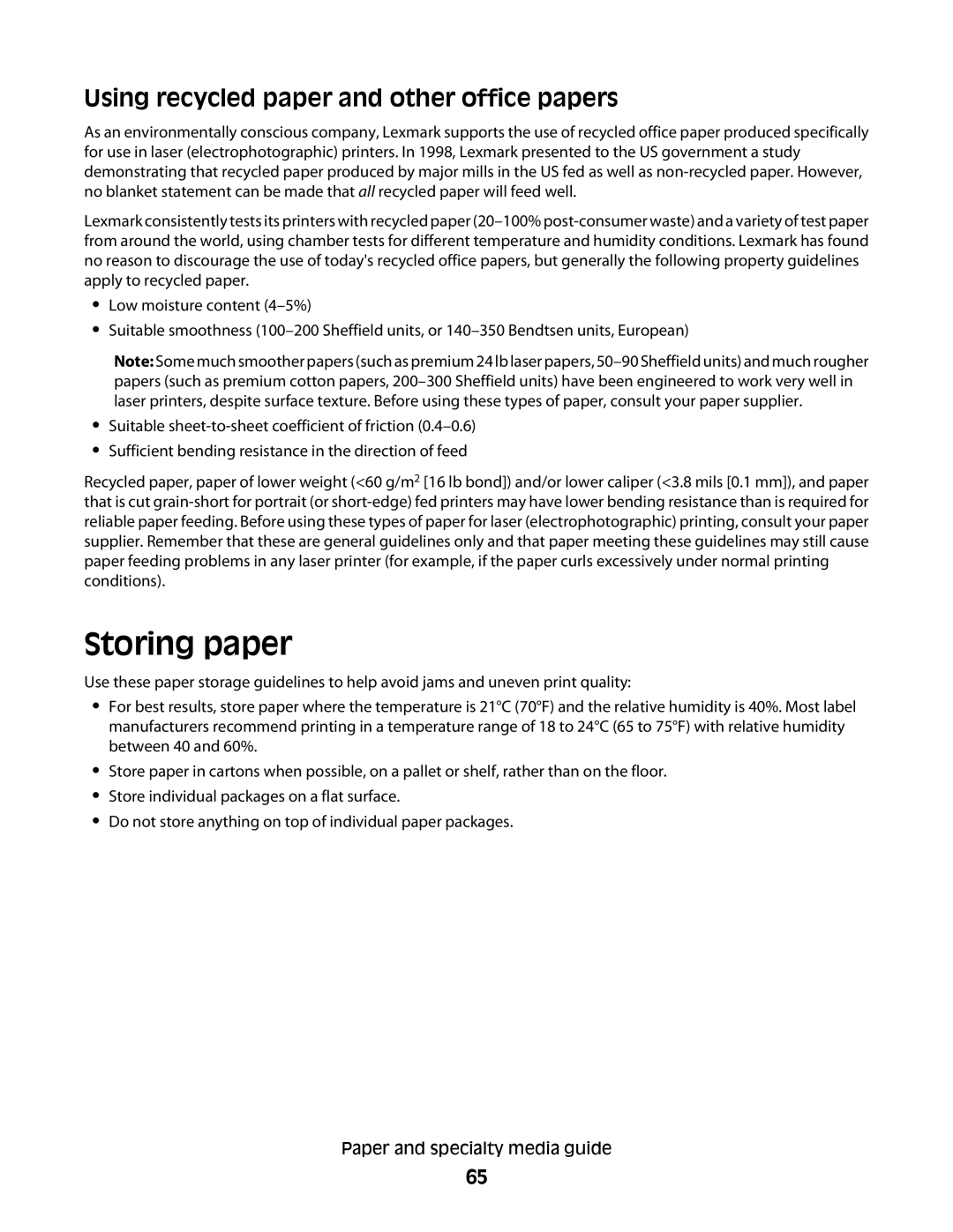 Lexmark dn3, 410, 5026, 4977, 480, 4976, 280, C736 Series, C734, dw2 Storing paper, Using recycled paper and other office papers 