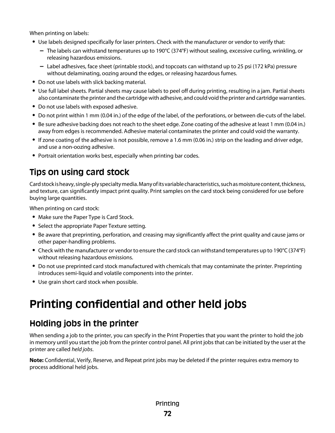 Lexmark n01, 410, 5026, 480 Printing confidential and other held jobs, Tips on using card stock, Holding jobs in the printer 