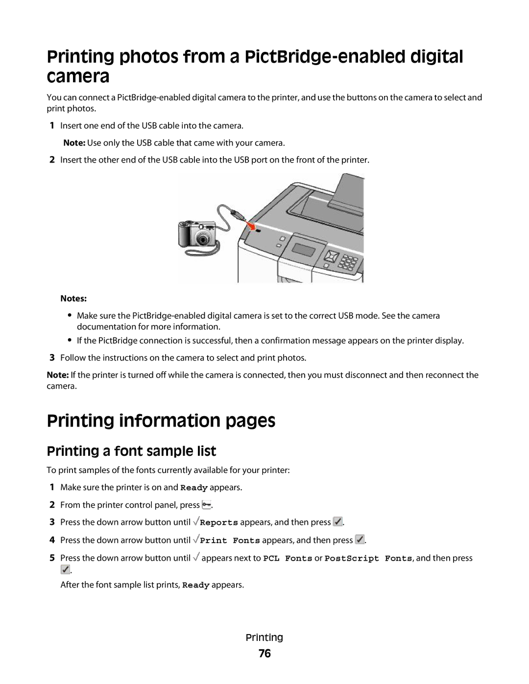 Lexmark 410, 5026, 4977, 480, 4976, 280 Printing photos from a PictBridge-enabled digital camera, Printing information pages 