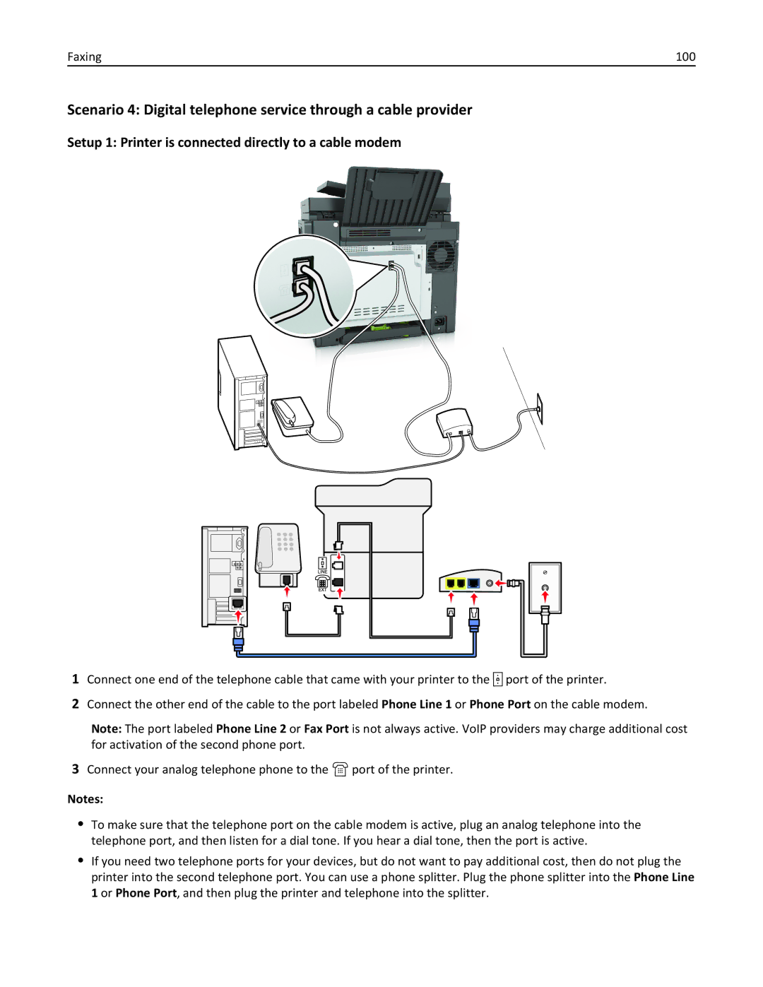 Lexmark 415, 28D0550, 28D0500, CX410, 22ZT157 manual Setup 1 Printer is connected directly to a cable modem, Faxing 100 