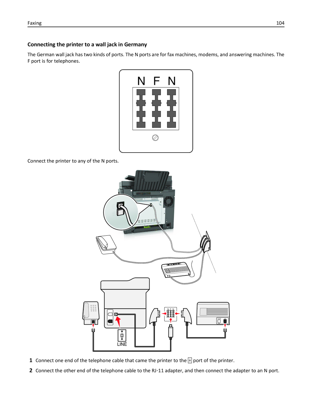 Lexmark 22ZT157, 415, 28D0550, 28D0500, CX410 manual Connecting the printer to a wall jack in Germany, Faxing 104 