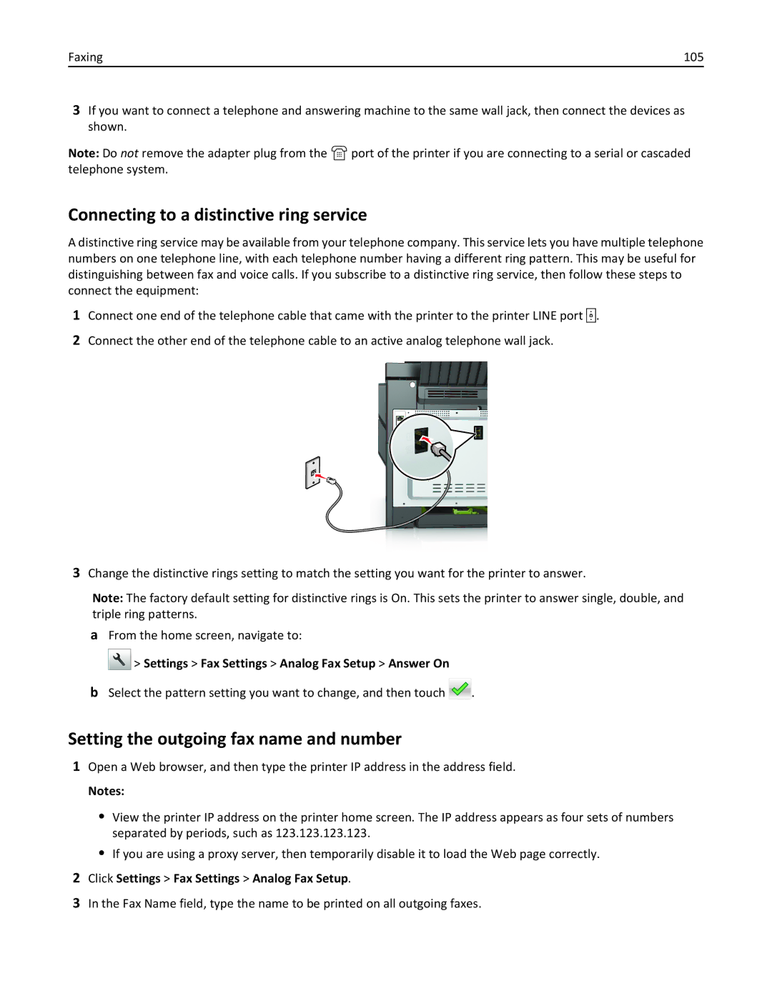 Lexmark 415, 28D0550, 28D0500, CX410 manual Connecting to a distinctive ring service, Setting the outgoing fax name and number 