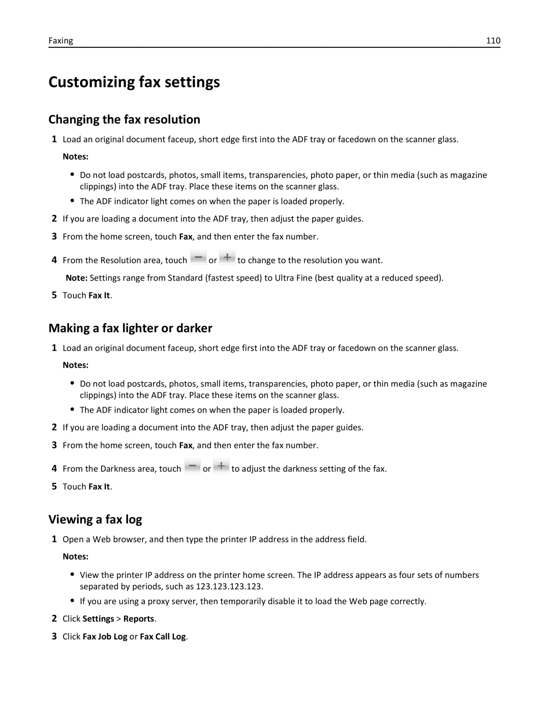 Lexmark 415 manual Customizing fax settings, Changing the fax resolution, Making a fax lighter or darker, Viewing a fax log 