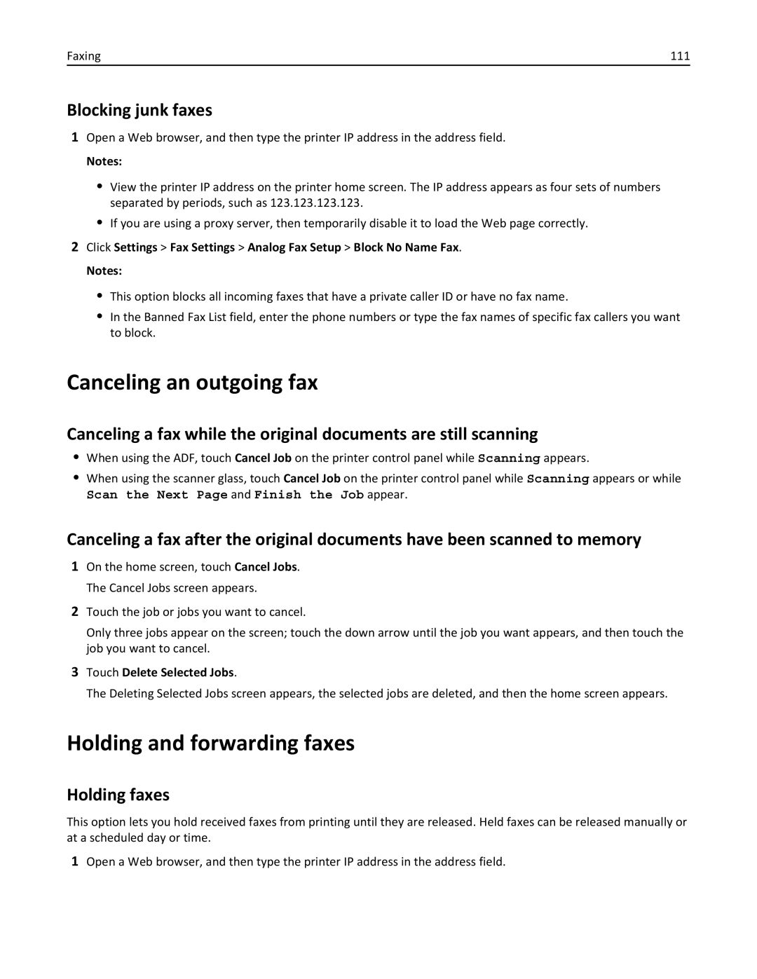 Lexmark 28D0550, 415, 28D0500 Canceling an outgoing fax, Holding and forwarding faxes, Blocking junk faxes, Holding faxes 