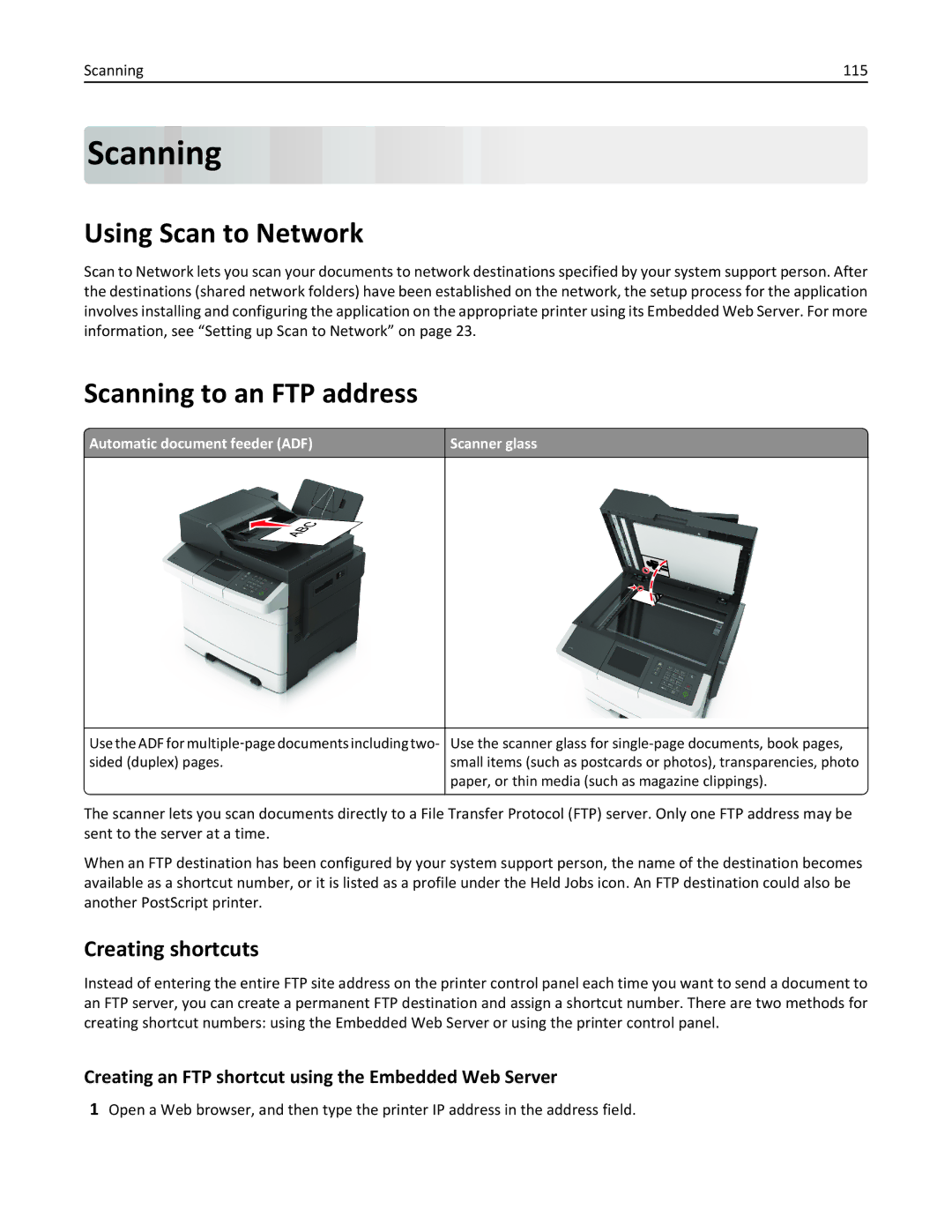 Lexmark 415, 28D0550, 28D0500, CX410, 22ZT157 manual Using Scan to Network, Scanning to an FTP address, Creating shortcuts 