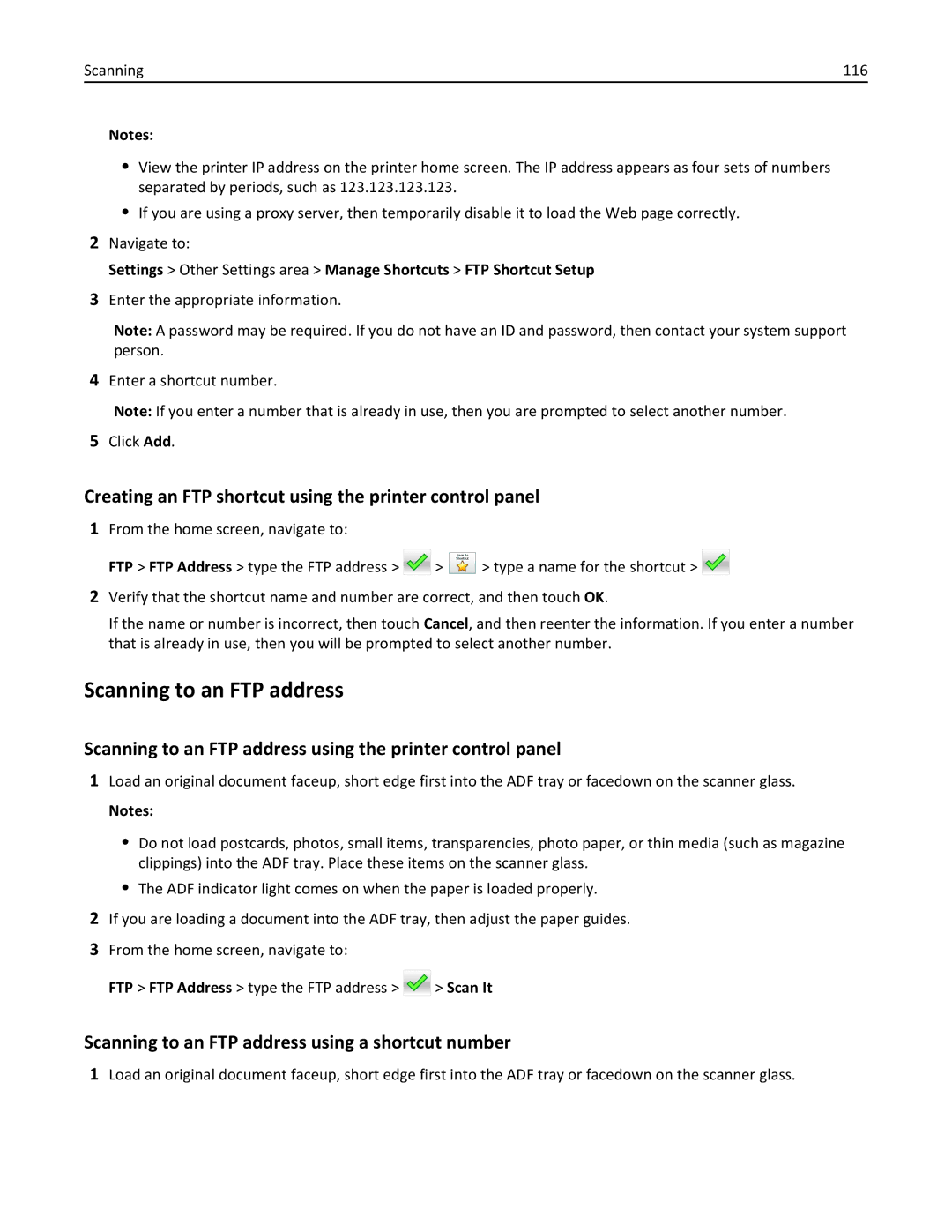 Lexmark 28D0550, 415, 28D0500, CX410 Scanning to an FTP address, Creating an FTP shortcut using the printer control panel 