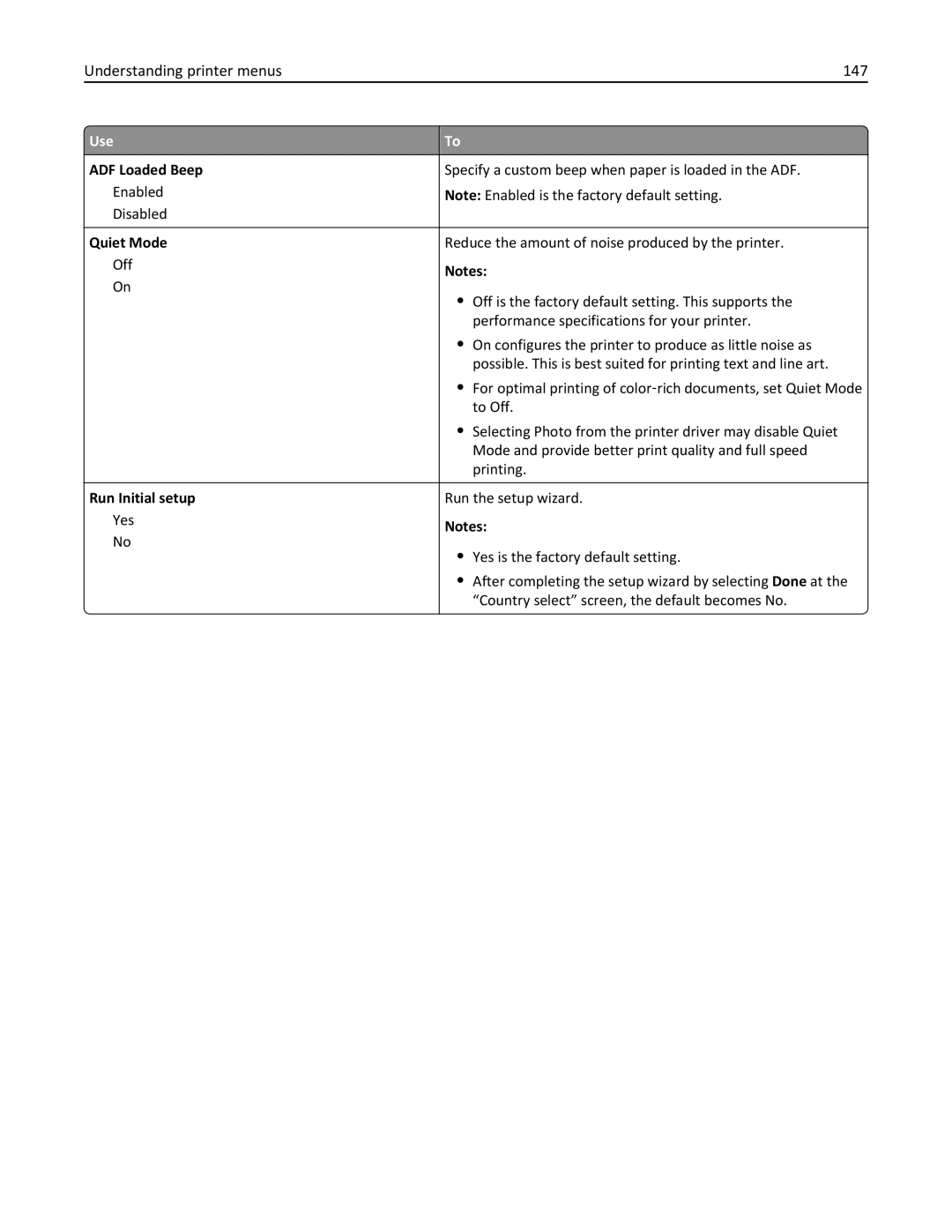 Lexmark 28D0500, 415, 28D0550, CX410, 22ZT157 Understanding printer menus 147, ADF Loaded Beep, Quiet Mode, Run Initial setup 