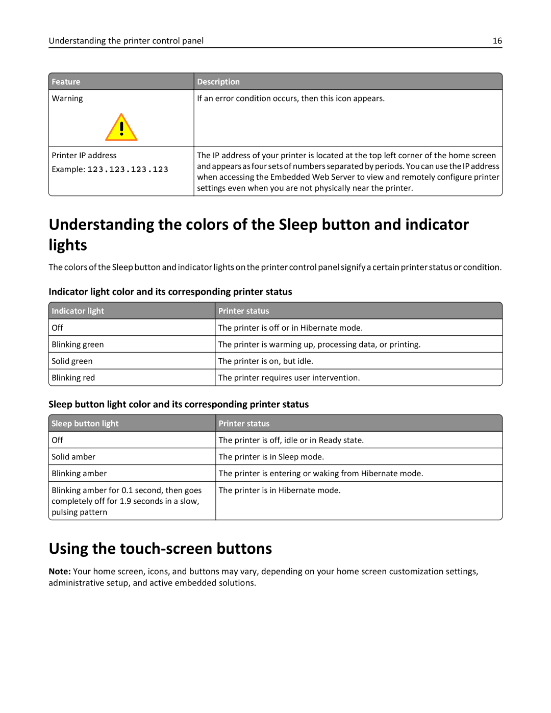 Lexmark 28D0550 Using the touch-screen buttons, Indicator light color and its corresponding printer status, Printer status 