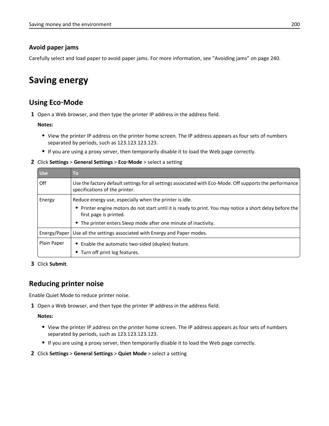 Lexmark 415, 28D0550, 28D0500, CX410, 22ZT157 manual Saving energy, Using Eco‑Mode, Reducing printer noise, Avoid paper jams 