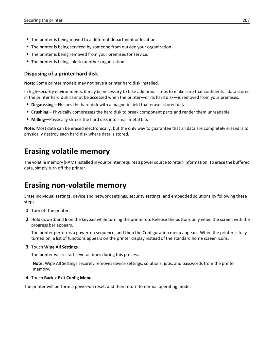 Lexmark 28D0500, 415, 28D0550, CX410 Erasing volatile memory, Erasing non‑volatile memory, Disposing of a printer hard disk 