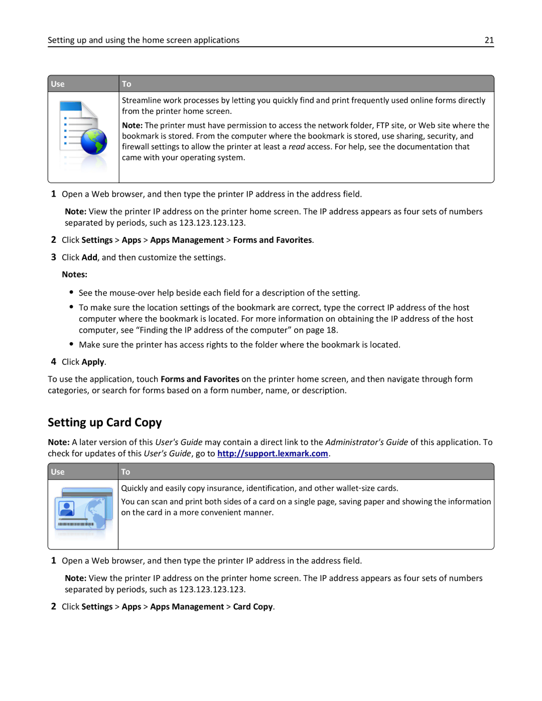 Lexmark 28D0550, 415, 28D0500, CX410, 22ZT157 Setting up Card Copy, Click Settings Apps Apps Management Forms and Favorites 