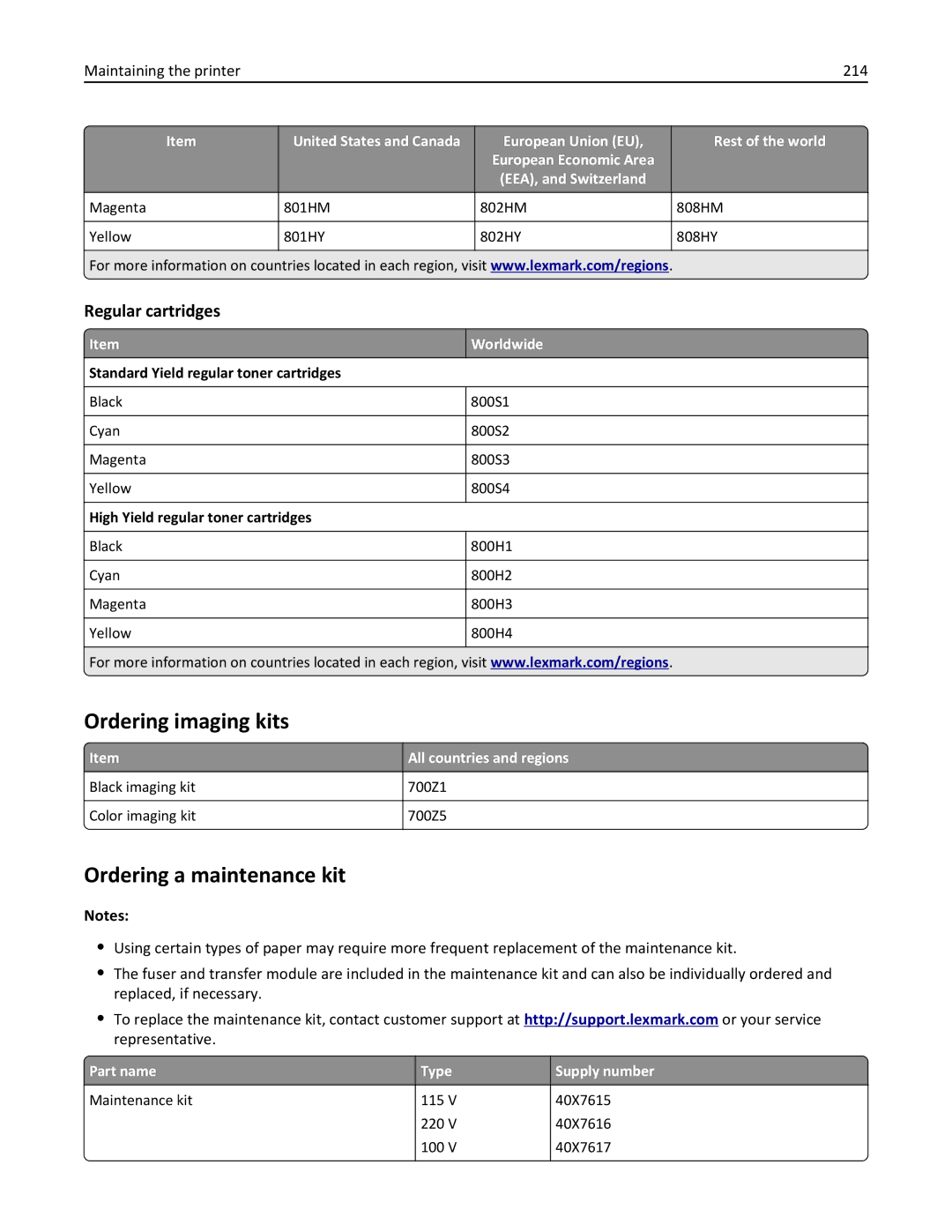 Lexmark 22ZT157, 415 Ordering imaging kits, Ordering a maintenance kit, Regular cartridges, Maintaining the printer 214 