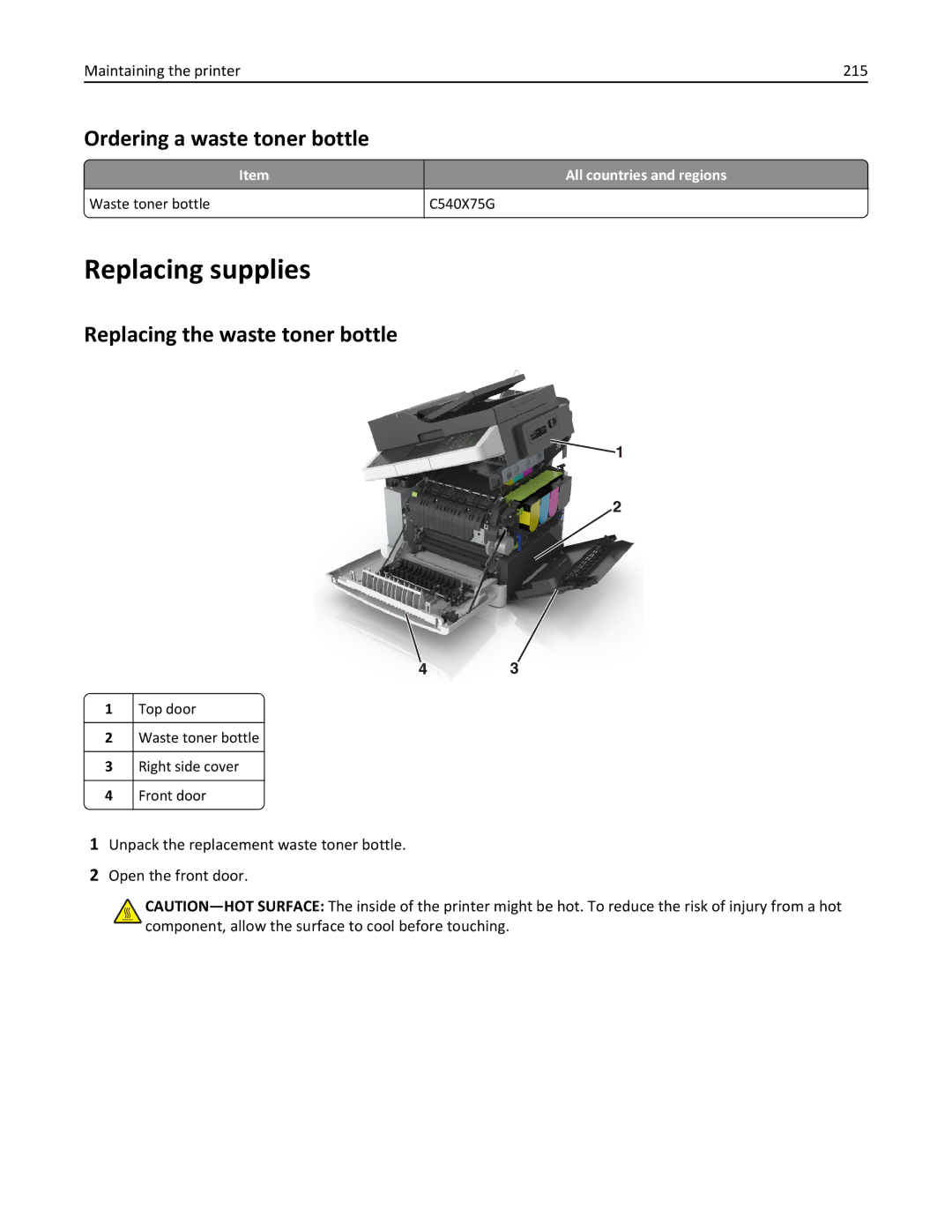 Lexmark 415, 28D0550, 28D0500, CX410 Replacing supplies, Ordering a waste toner bottle, Replacing the waste toner bottle 