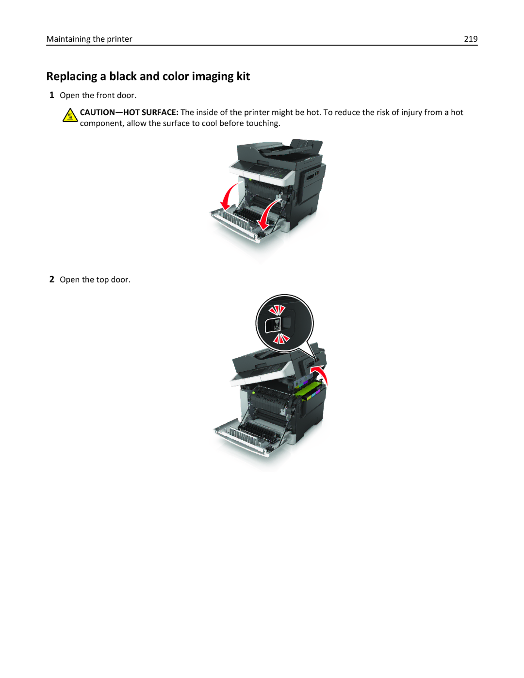 Lexmark 22ZT157, 415, 28D0550, 28D0500, CX410 manual Replacing a black and color imaging kit, Maintaining the printer 219 