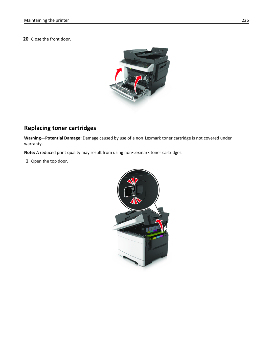 Lexmark 28D0550, 415, 28D0500, CX410, 22ZT157 Replacing toner cartridges, Maintaining the printer 226 Close the front door 