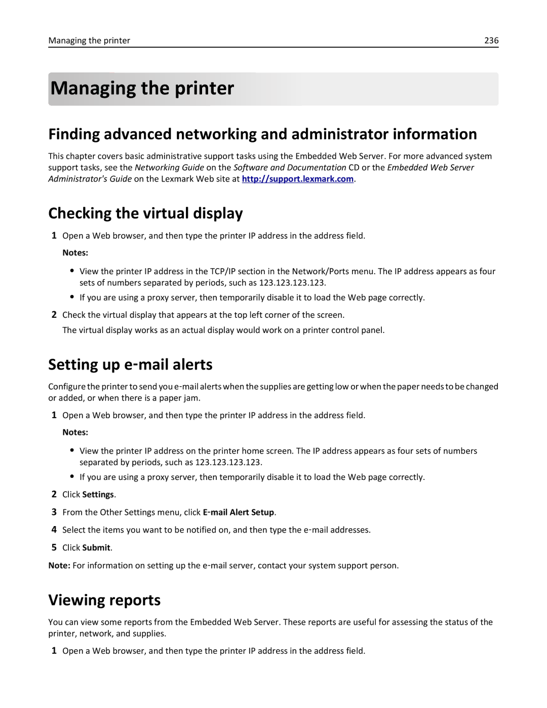 Lexmark 28D0550 Managing the printer, Finding advanced networking and administrator information, Setting up e‑mail alerts 