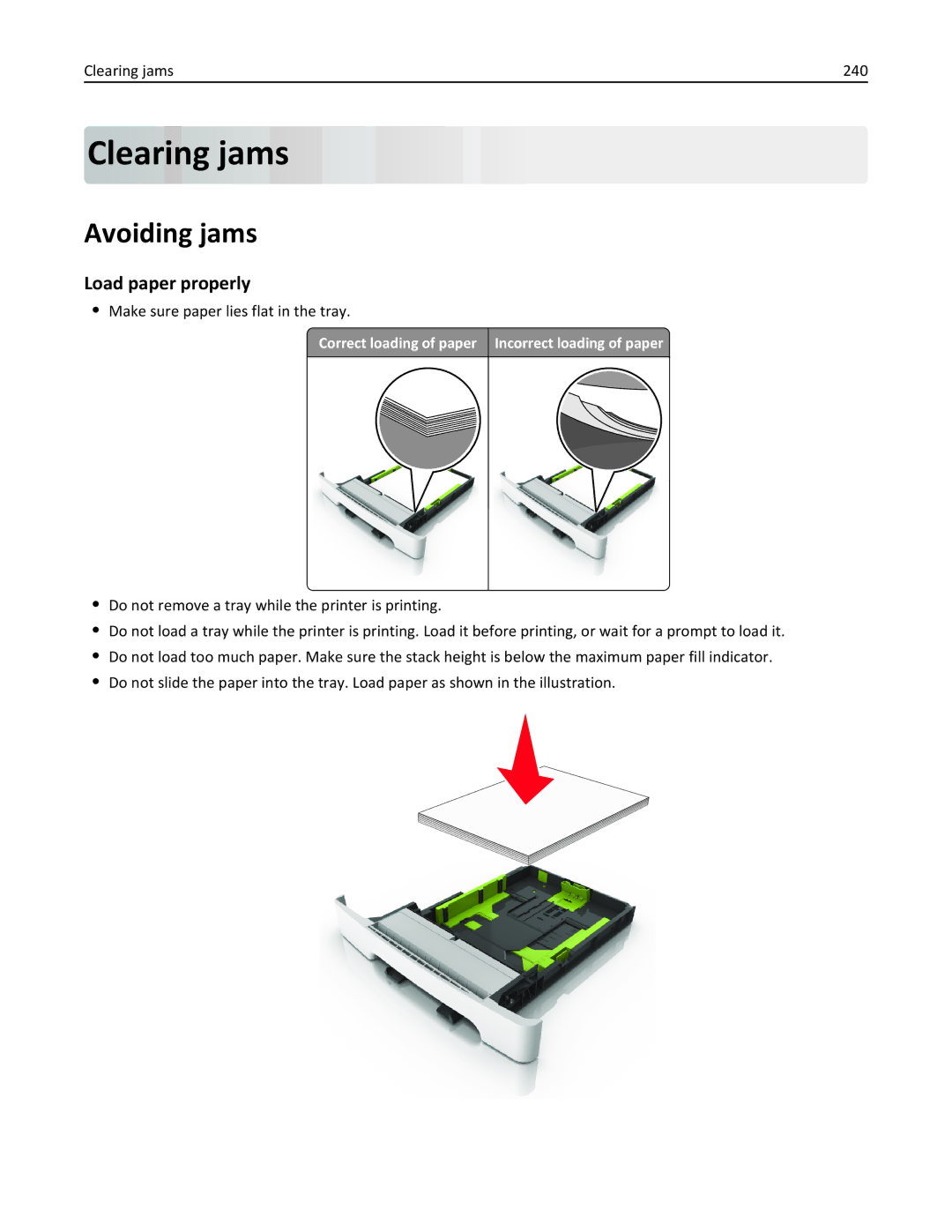 Lexmark 415, 28D0550 manual Avoiding jams, Load paper properly, Clearing jams 240, Make sure paper lies flat in the tray 